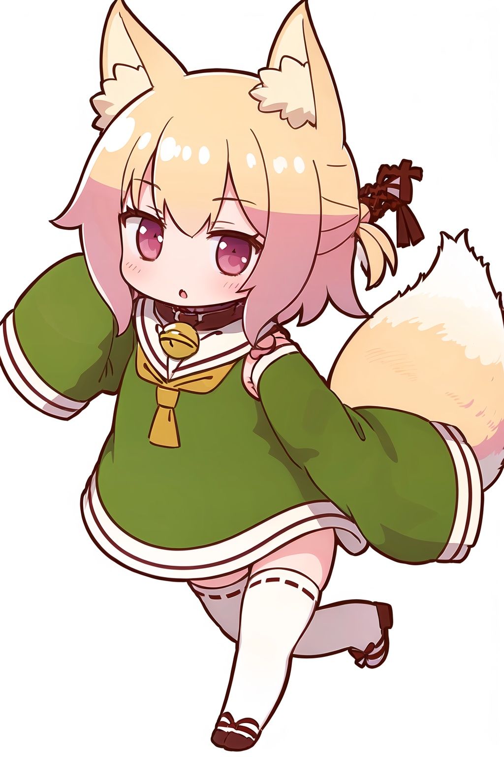 [(white background:1.5)::5],masterpiece, best quality, ultra-detailed, illustration, disheveled hair, frills,chibi,sleeves over wrists,detached sleeves, animal ear fluff, long sleeves, jingle bell, :o, 
1 girl, full body, （sleeves past fingers：1.2）,kemomimi,serafuku,blonde_hair,red eyes,fox_ears,fox girl,fox tail,low twin braids,white thighhighs,hidden hands,dynamic angle, big top sleeves, floating,1girl