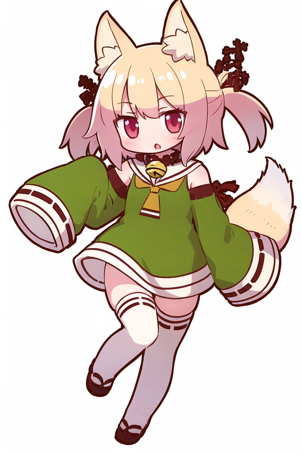 [(white background:1.5)::5],masterpiece, best quality, ultra-detailed, illustration, disheveled hair, frills,chibi,sleeves over wrists,detached sleeves, animal ear fluff, long sleeves, jingle bell, :o, 
1 girl, full body, （sleeves past fingers：1.2）,kemomimi,serafuku,blonde_hair,red eyes,fox_ears,fox girl,fox tail,low twin braids,white thighhighs,hidden hands,dynamic angle, big top sleeves, floating,1girl