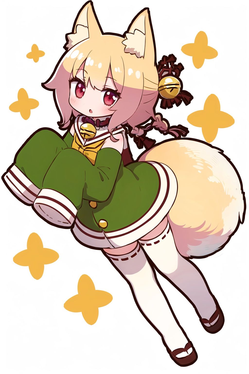 [(white background:1.5)::5],masterpiece, best quality, ultra-detailed, illustration, disheveled hair, frills,chibi,sleeves over wrists,detached sleeves, animal ear fluff, long sleeves, jingle bell, :o, 
1 girl, full body, （sleeves past fingers：1.2）,kemomimi,serafuku,blonde_hair,red eyes,fox_ears,fox girl,fox tail,low twin braids,white thighhighs,hidden hands,dynamic angle, big top sleeves, floating,1girl