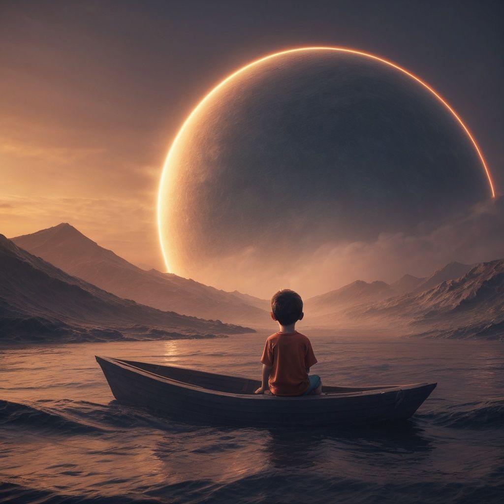 SDS_GLOW_BACKDROP,best quality,wallpaper,<lora:c4d_xl_08:0.5>,boat,<lora:neg4all_bdsqlsz_xl_V7:1>,a planet with a halo,faced with this towering wave,a little boy is sitting on the boat,
