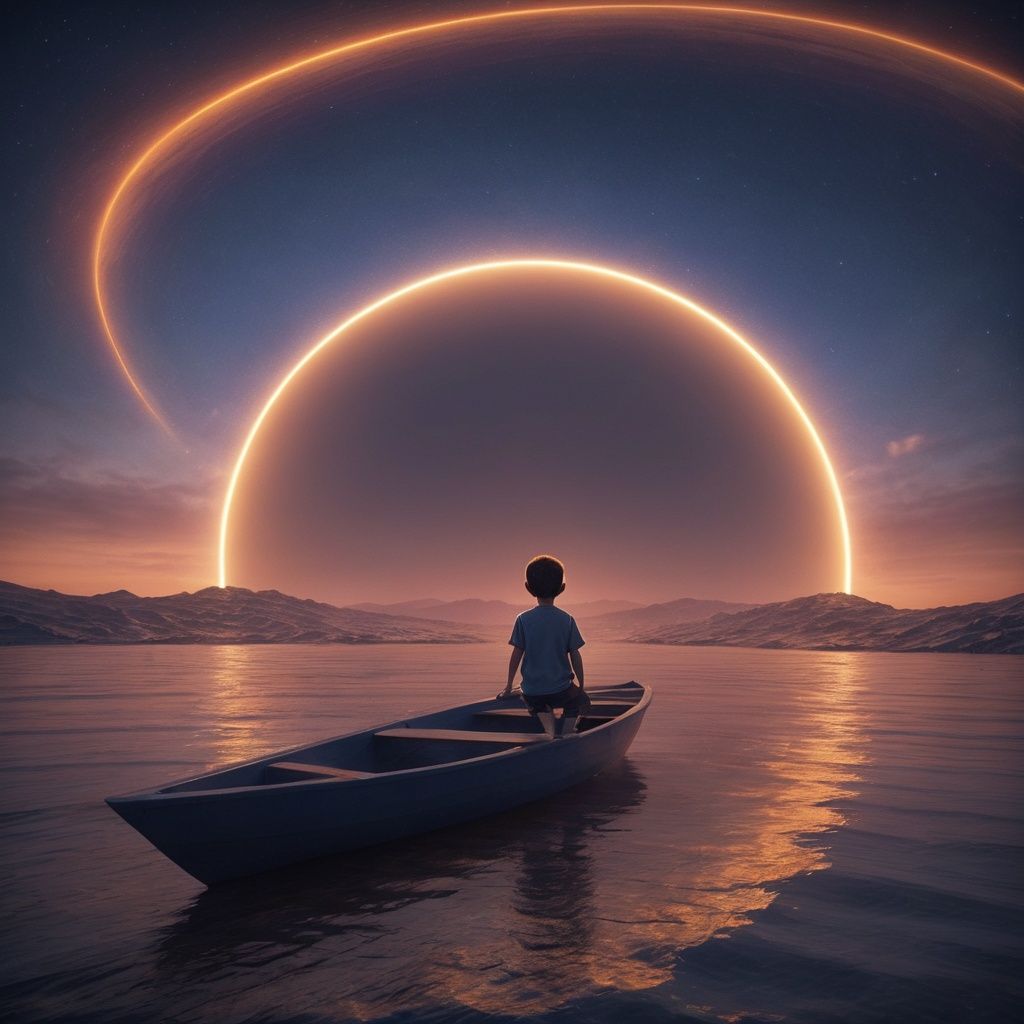 SDS_GLOW_BACKDROP,best quality,wallpaper,<lora:c4d_xl_08:0.5>,boat,<lora:neg4all_bdsqlsz_xl_V7:1>,a planet with a halo,faced with this towering wave,a little boy is sitting on the boat,