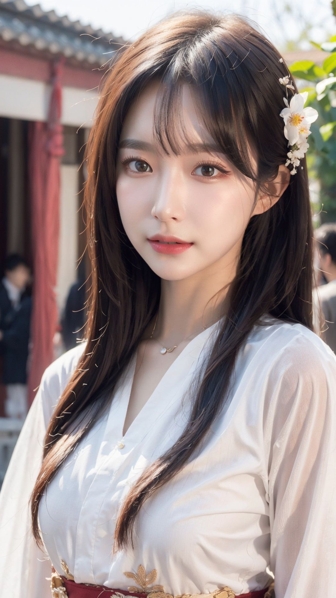 best quality,masterpiece,ultra-detailed,illustration,detailed light,an extremely delicate and beautiful,1girl,solo,beautiful detailed eyes,depth of field,hanfu,dynamic pose,beautiful detailed chinese style architecture,upper body,outdoors,detailed chinese style tassel,hair flower,<lora:qimeng3.0:0.7>,