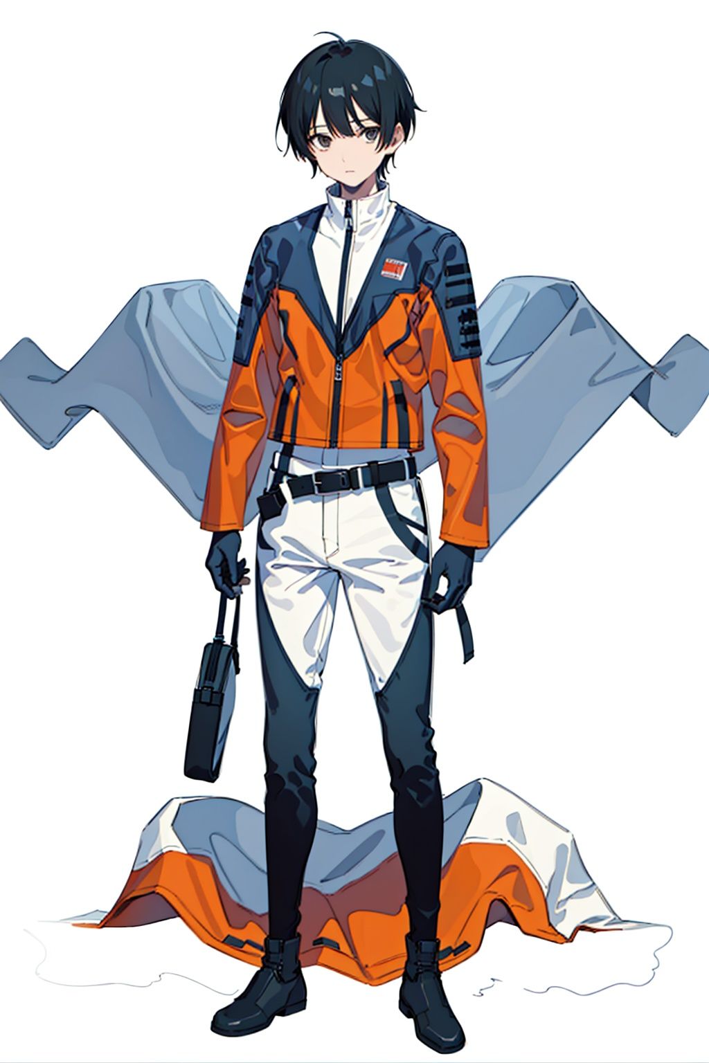 (masterpiece:1.3), (the best quality:1.2), (super fine illustrations:1.2), (Masterpiece), high quality, high detail,((white background:1.2)), looking at viewer, (SOLO:1.4),outline,,simple background,uniform,orange jacket, jacket, pants, belt,