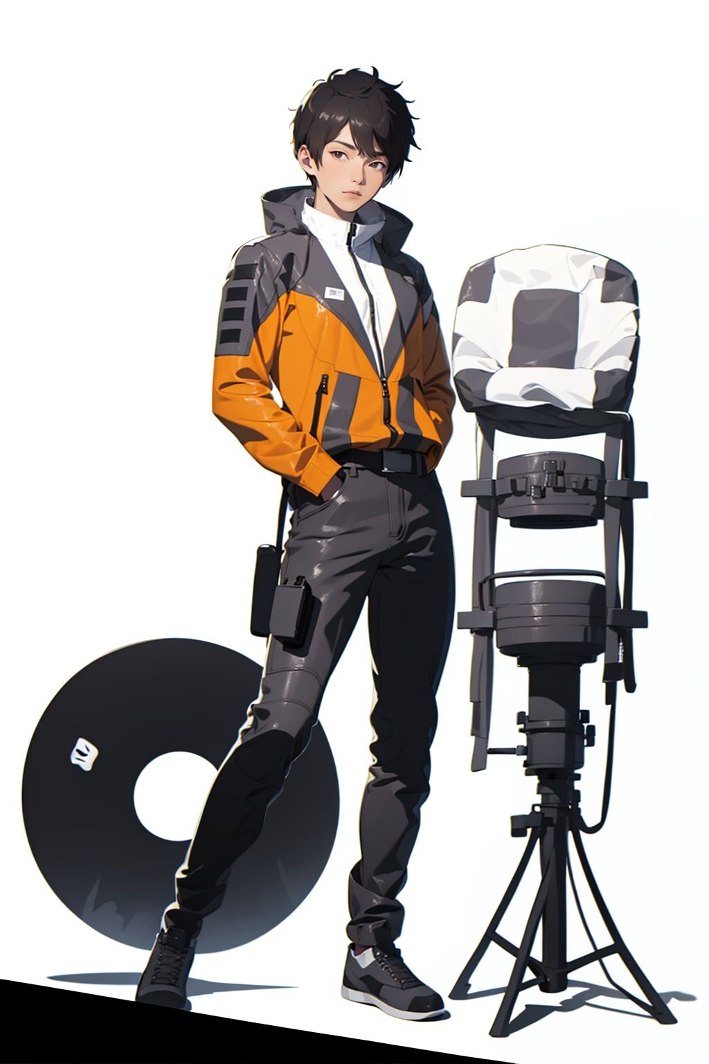 (masterpiece:1.3), (the best quality:1.2), (super fine illustrations:1.2), (Masterpiece), high quality, high detail,((white background:1.2)), looking at viewer, (SOLO:1.4),outline,,simple background,uniform,orange jacket, jacket, pants, belt, 