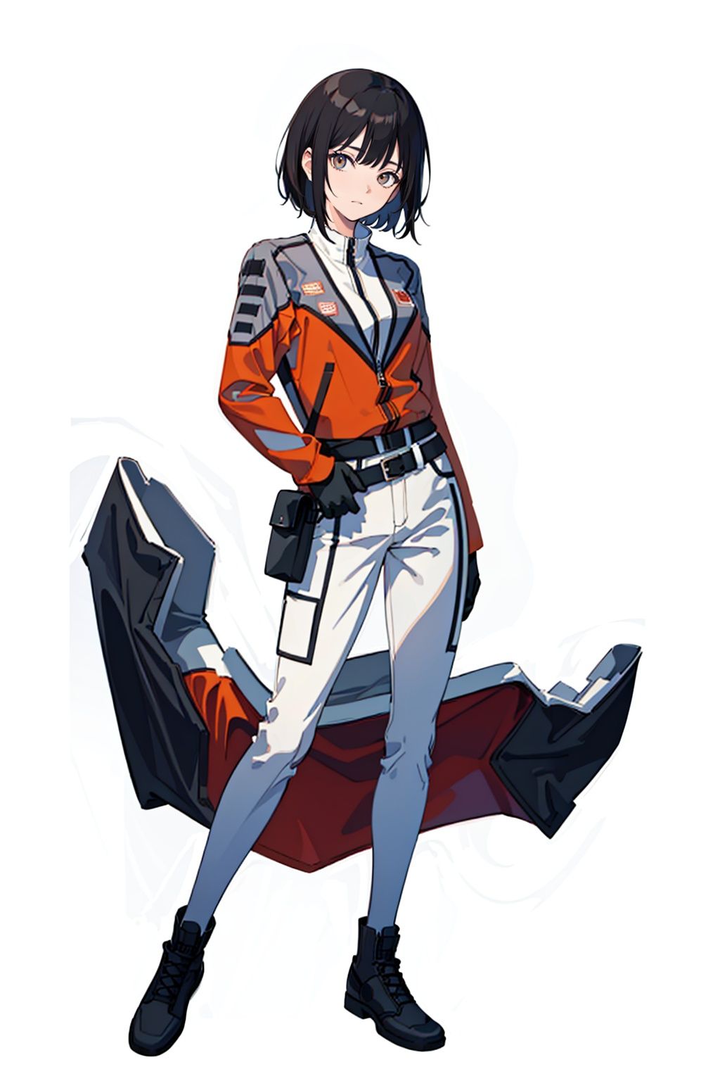 (masterpiece:1.3), (the best quality:1.2), (super fine illustrations:1.2), (Masterpiece), high quality, high detail,((white background:1.2)), looking at viewer, (SOLO:1.4),outline,,simple background,uniform,orange jacket, jacket, pants, belt, 