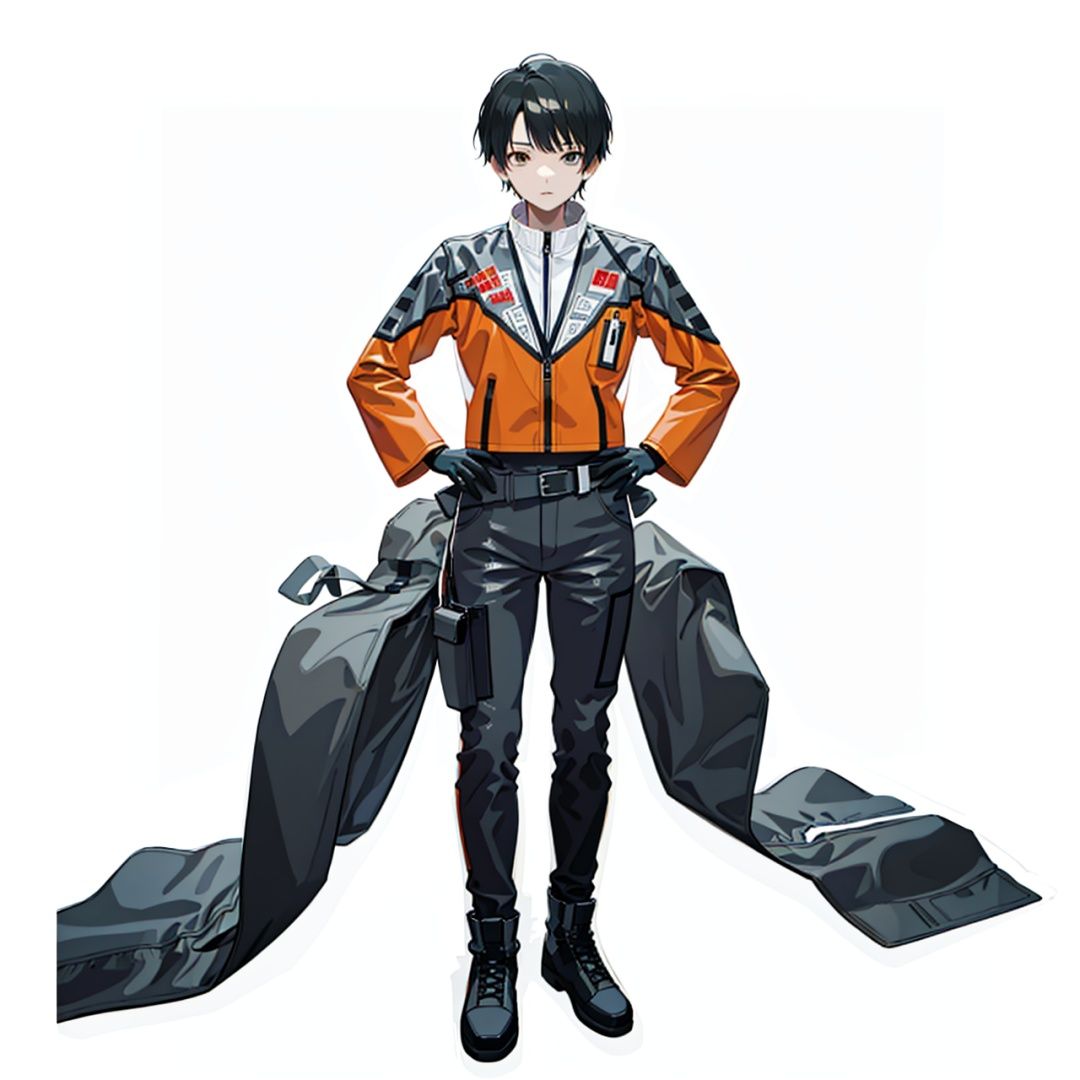 (masterpiece:1.3), (the best quality:1.2), (super fine illustrations:1.2), (Masterpiece), high quality, high detail,((white background:1.2)), looking at viewer, (SOLO:1.4),outline,,simple background,uniform,orange jacket, jacket, pants, belt,
