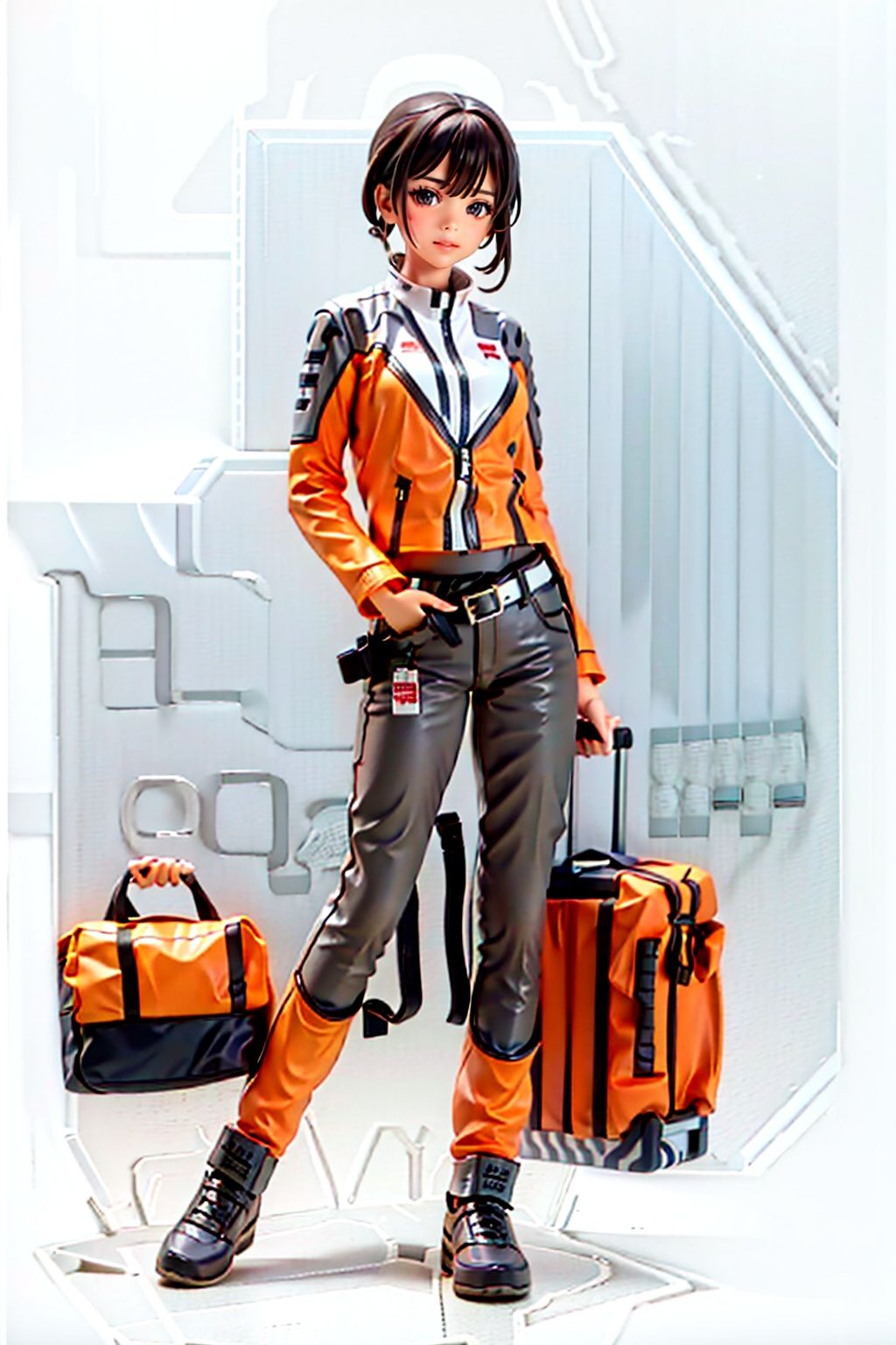 (masterpiece:1.3), (the best quality:1.2), (super fine illustrations:1.2), (Masterpiece), high quality, high detail,((white background:1.2)), looking at viewer, (SOLO:1.4),outline,,simple background,uniform,orange jacket, jacket, pants, belt, 