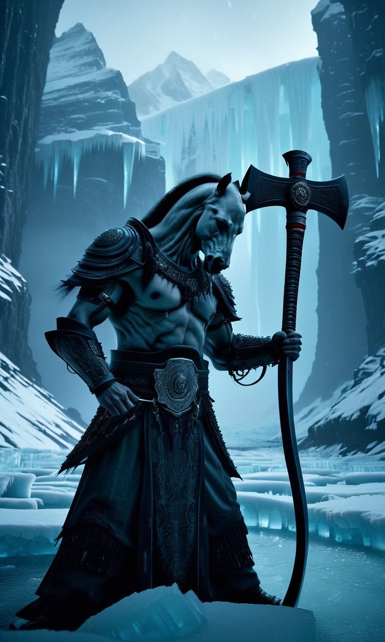 cinematic photo ((masterpiece)),((best quality)),8k,high detailed,ultra-detailed,intricate detail,((no humans)),Chinese folklore,((wearing armor)),(two legs),eerie,horror,underworld,upper body,((giant mamian)), presides over the (Icy Abyss of Hell:1.1),a desolate expanse of frozen suffering. In the distance,the (Frozen Forest of Torment:1.2) stretches endlessly,and the (Soul-Reaping Scythe:1.3) gleams ominously under the eerie light.,,<lora:mamiangui_V1:0.8>, . 35mm photograph, film, bokeh, professional, 4k, highly detailed