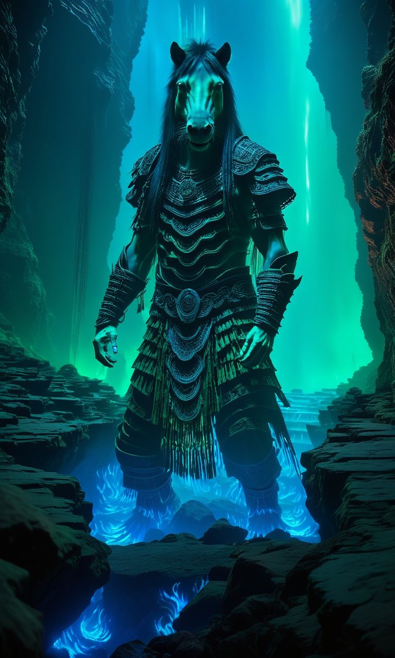 cinematic photo ((masterpiece)),((best quality)),8k,high detailed,ultra-detailed,intricate detail,((no humans)),Chinese folklore,((wearing armor)),(two legs),eerie,horror,underworld,upper body,((giant mamian)) stands at the edge of a bottomless abyss in the depths of the underworld. The eerie blue-green glow of ghostly flames illuminates the scene,casting haunting shadows on the jagged rocks.,<lora:mamiangui_V1:0.8>, . 35mm photograph, film, bokeh, professional, 4k, highly detailed