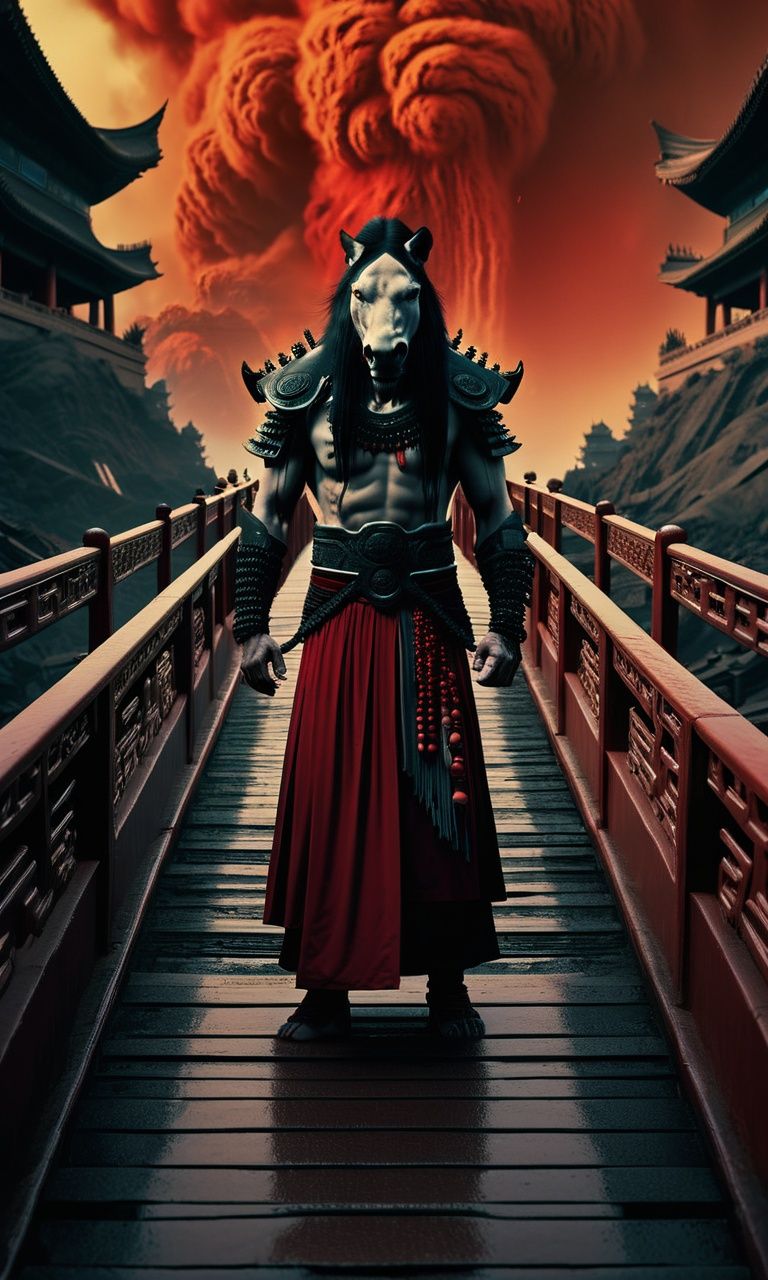 cinematic photo ((masterpiece)),((best quality)),8k,high detailed,ultra-detailed,intricate detail,((no humans)),((wearing armor)),(two legs),eerie,horror,underworld,Chinese folklore,((giant mamian)) standing atop the Naihe Bridge,souls crossing the bridge under a blood-red sky,ethereal and haunting,Smoke effects swirling around,capturing the eerie atmosphere of the underworld,Crimson and gold color scheme,Asymmetric composition,Maxon Cinema 4D rendering,depicting the spectral journey of souls in the afterlife.,<lora:mamiangui_V1:0.85>, . 35mm photograph, film, bokeh, professional, 4k, highly detailed