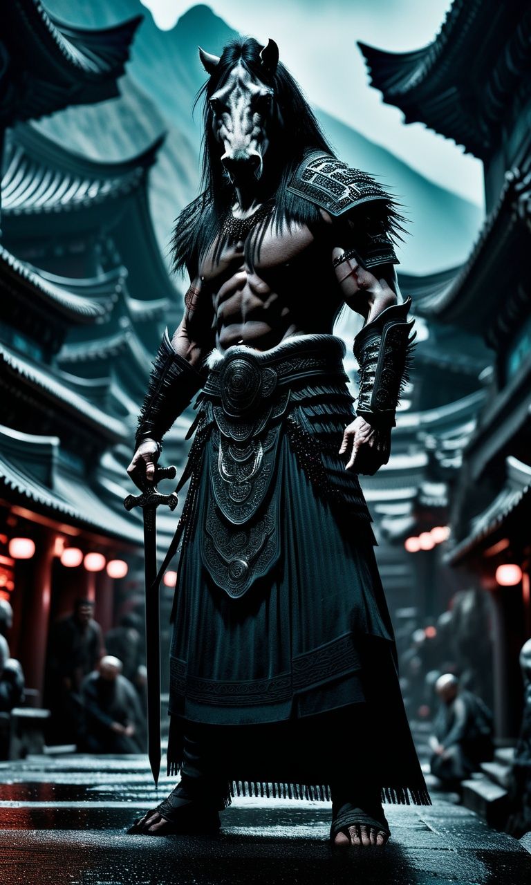 cinematic photo ((masterpiece)),((best quality)),8k,high detailed,ultra-detailed,intricate detail,((no humans)),((wearing armor)),dynamic pose,(two legs),eerie,horror,underworld,Chinese folklore,((giant mamian)) Standing tall amidst the bustling streets of the Underworld,A fearsome emissary of the netherworld,Soul-reaping messenger,In the eerie realm of the Underworld,at the foot of the Shadowy Mountains,and amidst the Eighteen Hells,<lora:mamiangui_V1:0.7>, . 35mm photograph, film, bokeh, professional, 4k, highly detailed