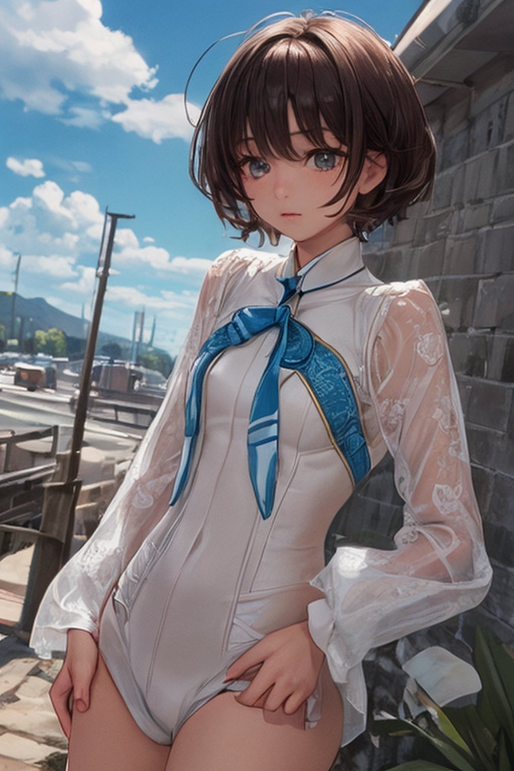White combat suit with blue pattern,  a cute girl,  pixie cut hair on Tensor.Art