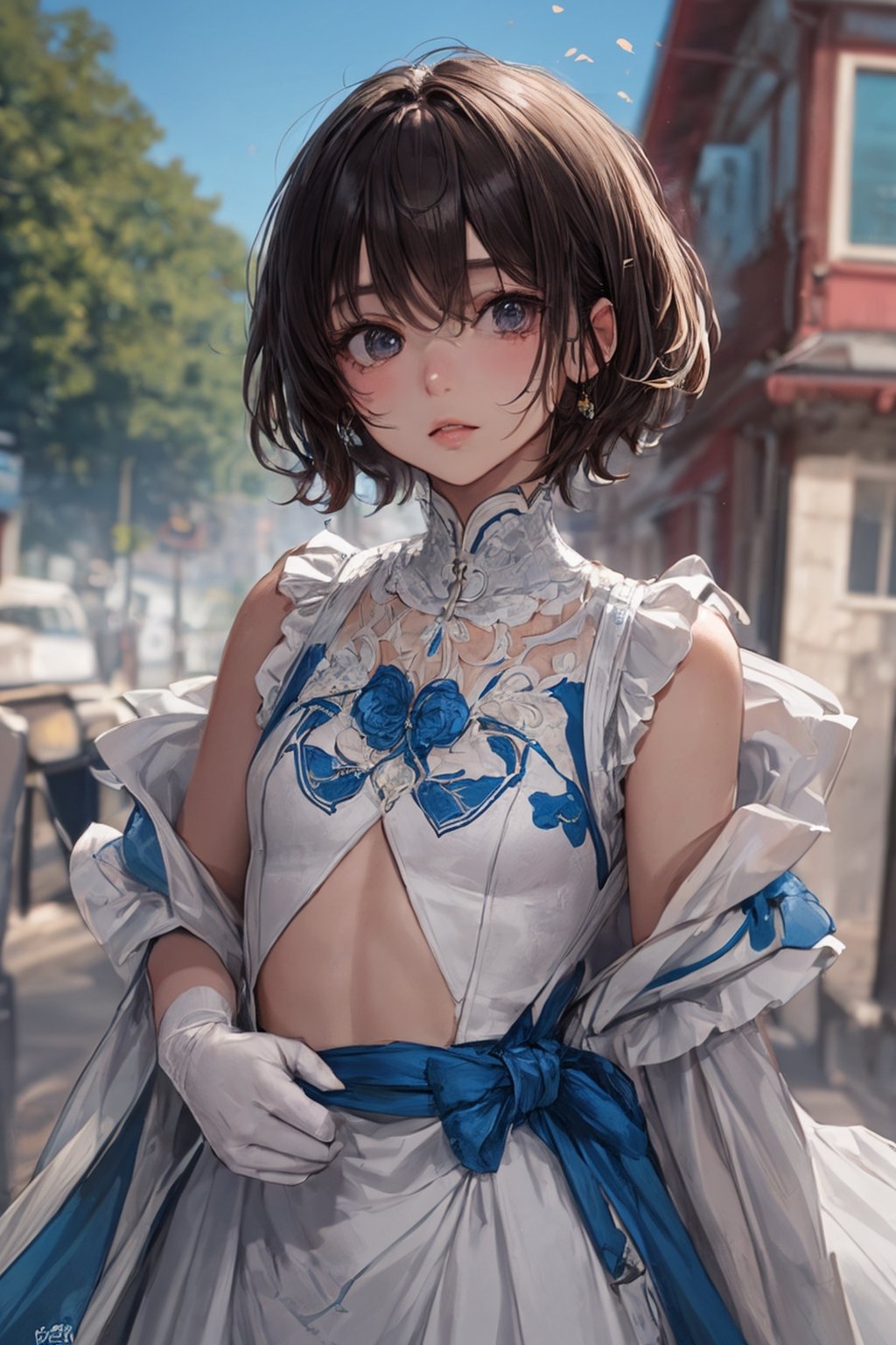 White combat suit with blue pattern,  a cute girl,  pixie cut hair on Tensor.Art
