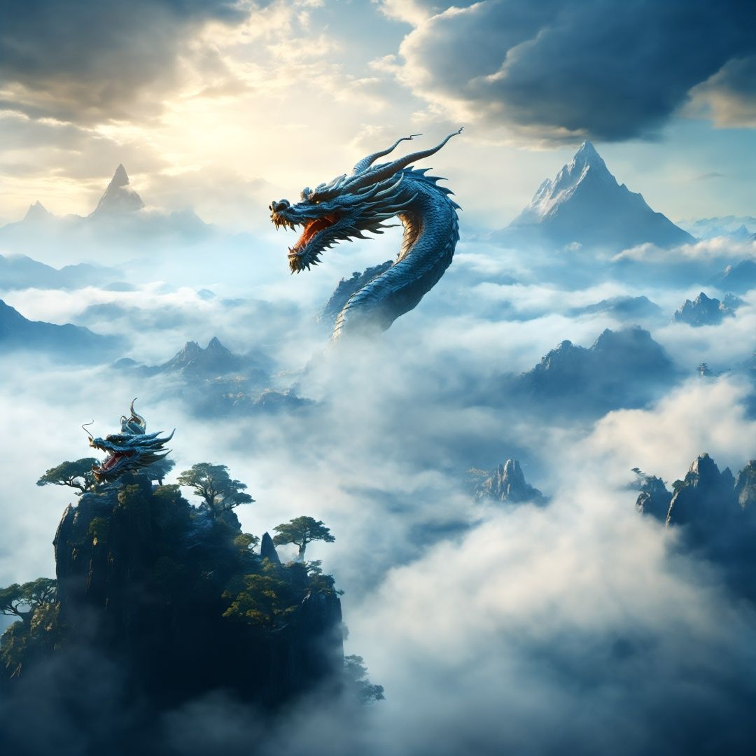 A dragon flying through the clouds in the sky, with a mountain in the background and a mountain top in the foreground, vast panorama, Unreal light and shadow, wide Angle lens, shot at dusk, movie texture, Unreal Engine 4,8K Ultra HD, clear and bright image quality, Amazing fantasy immortal scenes, ink painting style, highly refined, dynamic expression, clear lines, movie texture, Cold atmosphere, vivid, rendering high poignancy, extremely fine,wujie