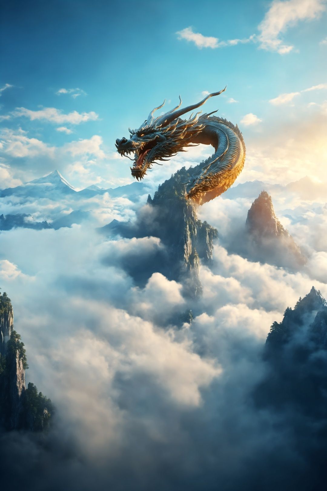 A dragon flying through the clouds in the sky, with a mountain in the background and a mountain top in the foreground, vast panorama, Unreal light and shadow, wide Angle lens, shot at dusk, movie texture, Unreal Engine 4,8K Ultra HD, clear and bright image quality, Amazing fantasy immortal scenes, ink painting style, highly refined, dynamic expression, clear lines, movie texture, Cold atmosphere, vivid, rendering high poignancy, extremely fine