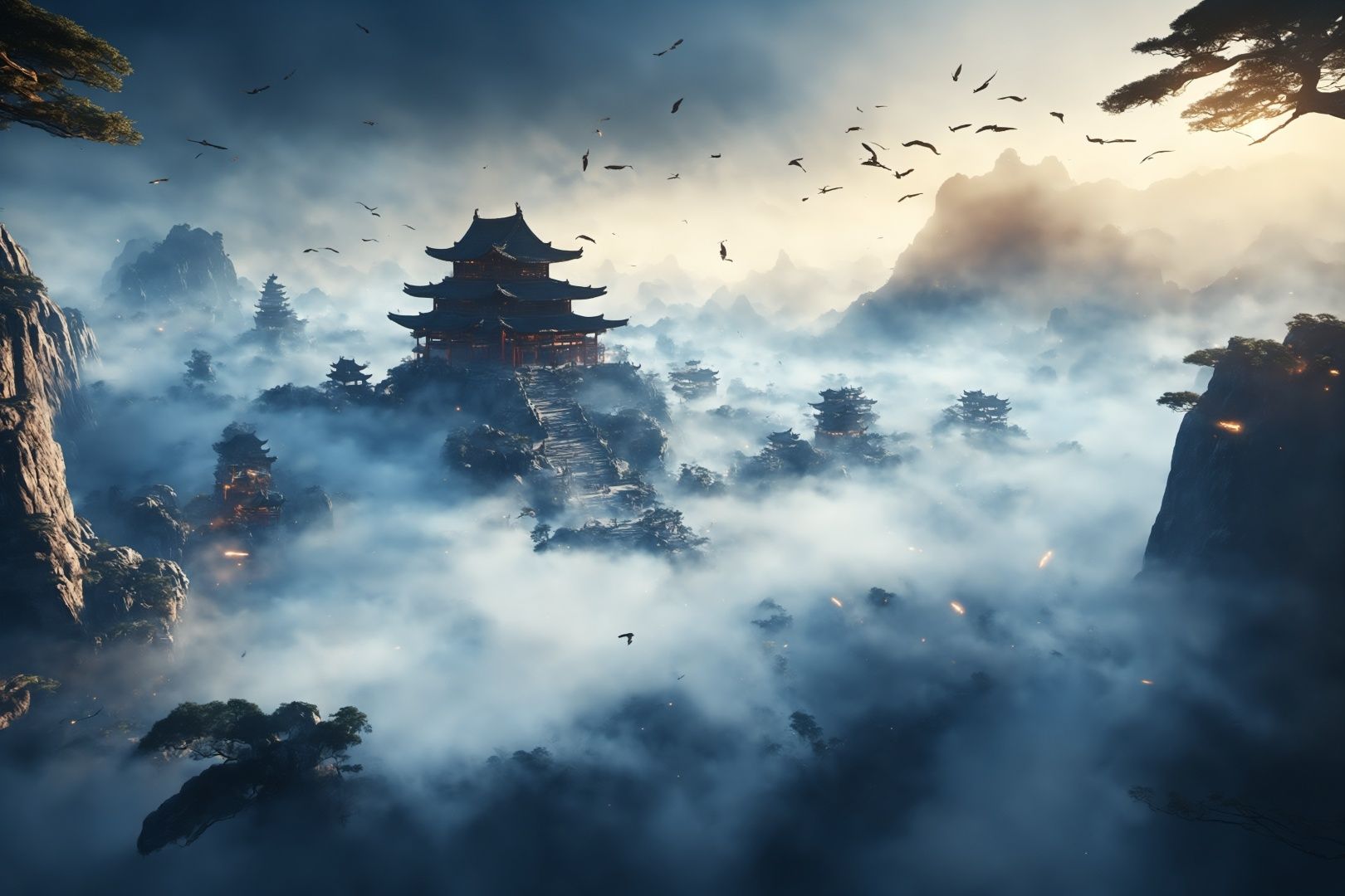Ancient China, many flying swords through black holes, surrounded by mist, vast panoramas, illusory light and shadow, wide Angle lens, captured at dusk, cinematic texture, Unreal Engine 4, 8K Ultra HD, clear and bright image quality, amazing fantasy immortal scenes, ink painting style, highly refined, dynamic expression, clear lines, cinematic texture, cold atmosphere, vividness, Render high octane, extremely fine,xiamap