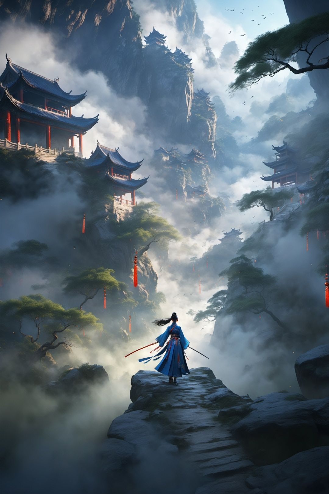 Ancient China, Wuxia World, Black Through the Cave, surrounded by mist, vast panorama, Unreal light and shadow, wide Angle lens, captured at dusk, cinematic texture, Unreal Engine 4, 8K Ultra HD, clear and bright image quality, amazing fantasy immortal scenes, ink painting style, highly refined, dynamic expression, clear lines, cinematic texture, cool atmosphere, Vivid, high octane rendering, extremely fine,wujie,wanjianguizong,xiamap