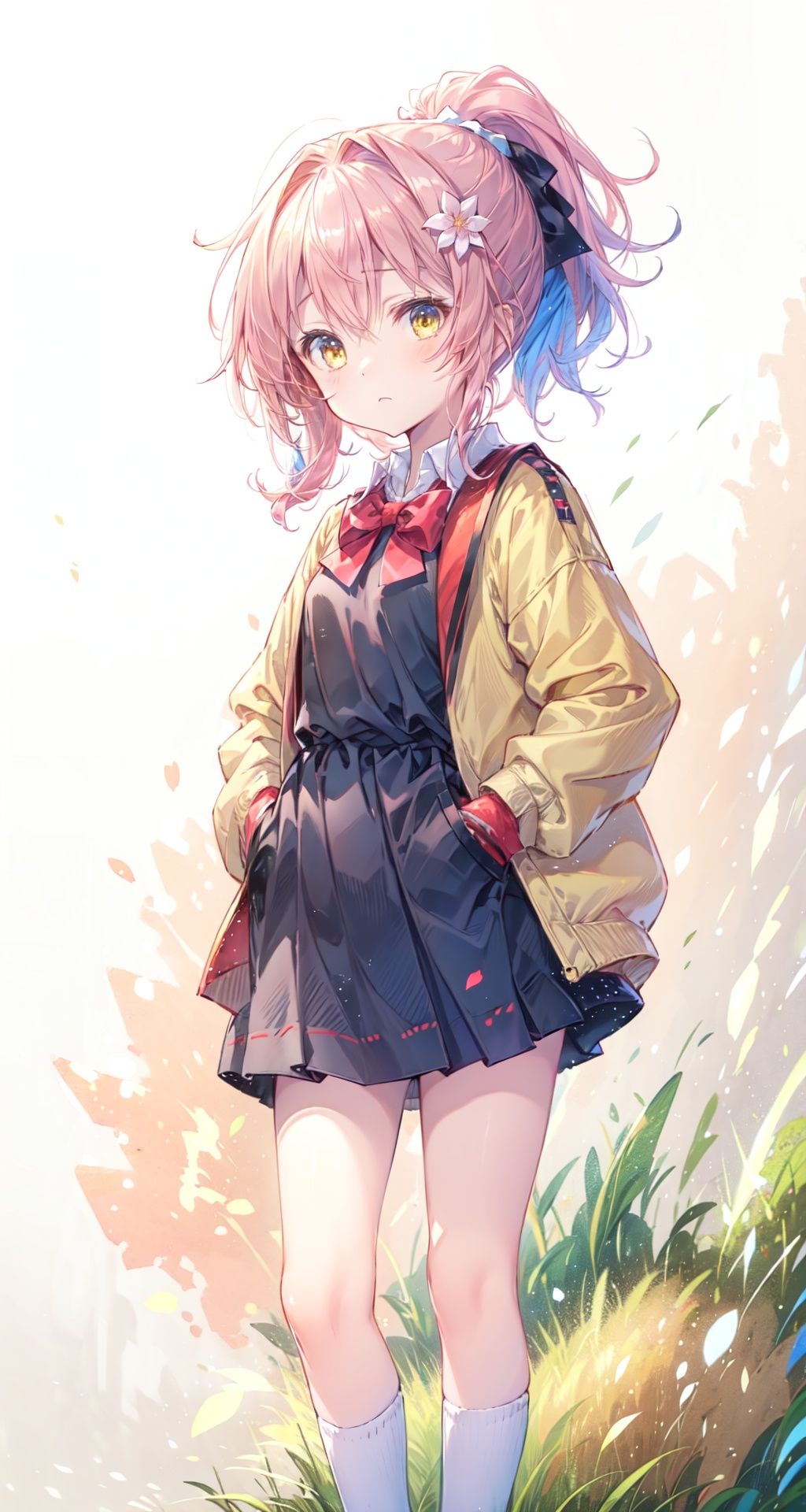 (best quality), ((masterpiece)), (highres),standing,original, extremely detailed wallpaper, (an extremely delicate and beautiful),(loli),(petite),Pink hair,Yellow eyes, (red Jacket),high ponytail,white collared shirt,hair flower,fipped hair,floating hair,Frown,hands in pockets,black dress,red bowtie,(solo),cozy anime,houtufeng