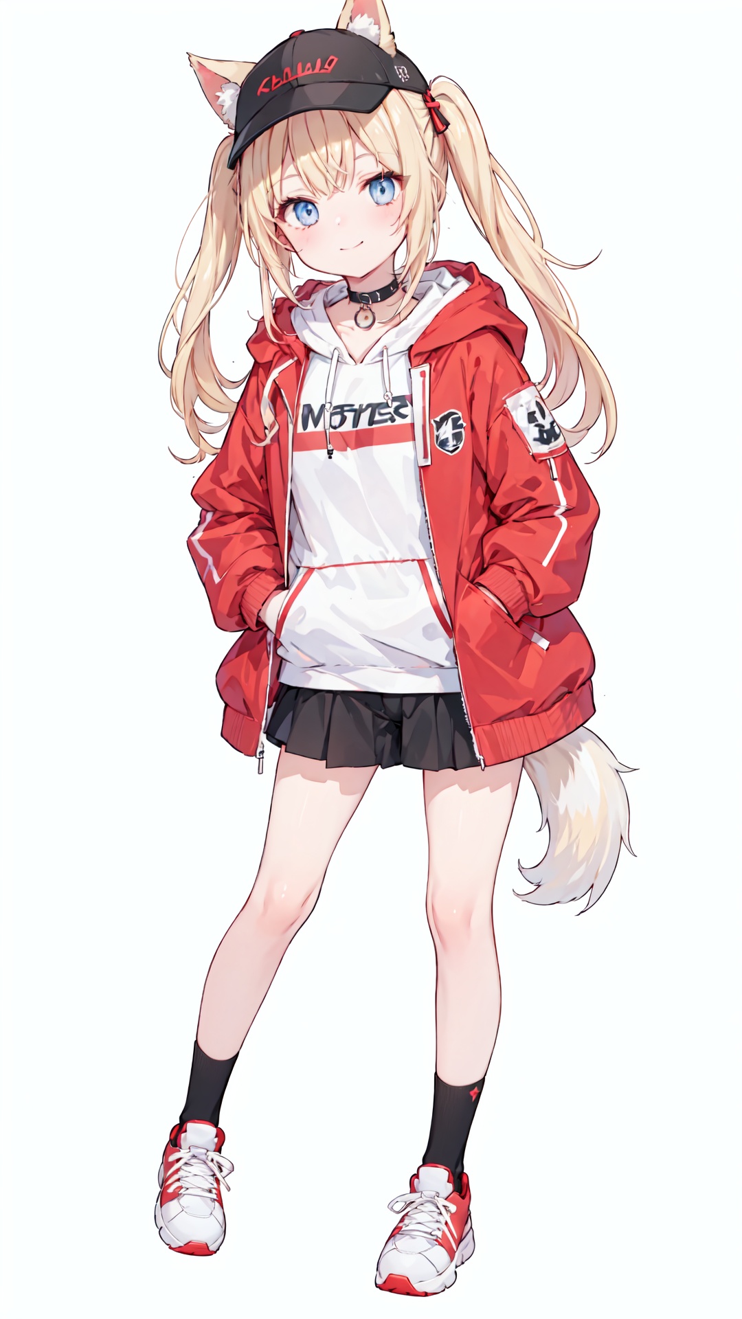  1girl, animal_ears, baseball_cap, black_legwear, blonde_hair, blue_eyes, choker, closed_mouth, collar, dog_tail, full_body, hand_in_pocket, hat, hat_with_ears, hood, hoodie, jacket, long_hair, long_sleeves, looking_at_viewer, nail_polish, open_clothes, open_jacket, red_footwear, red_nails, shoes, simple_background, smile, sneakers, socks, solo, standing, tail, virtual_youtuber, white_background