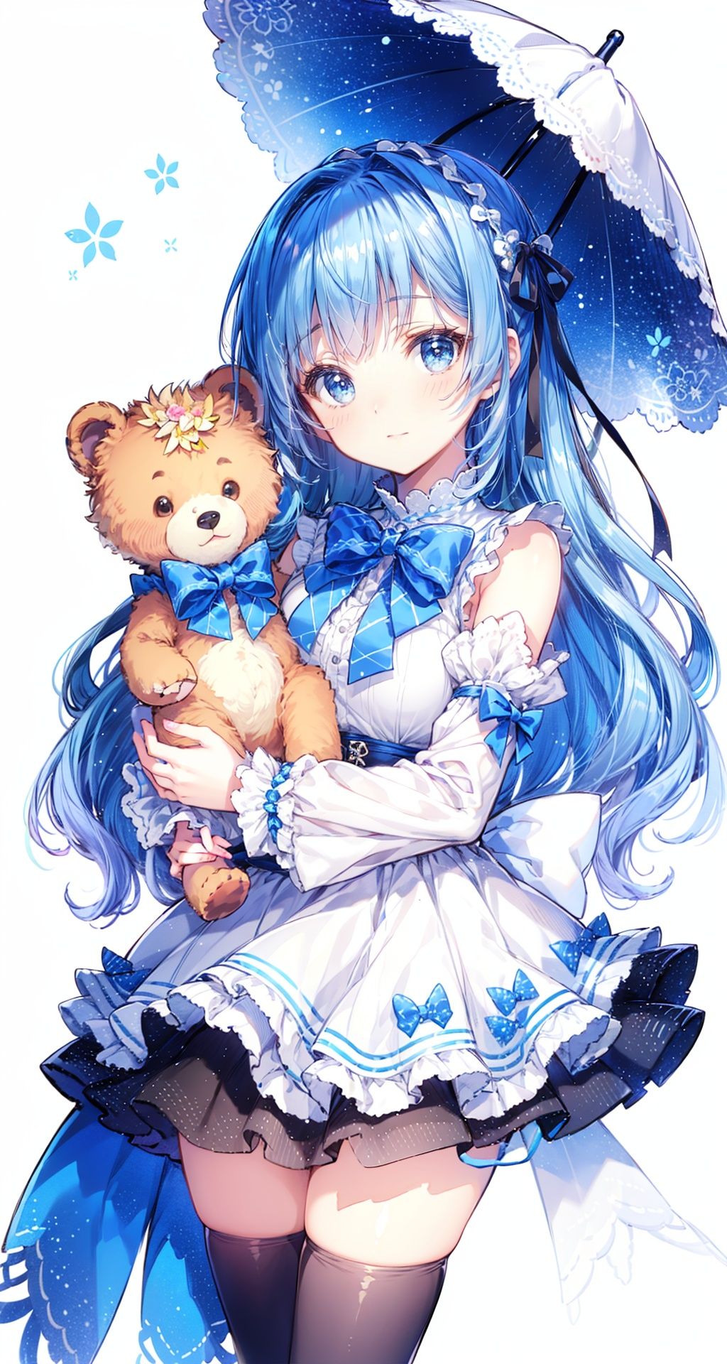 girl,blue hair,double horsetail,Lolita outfit,lace cake skirt,brown skirt with Little Bear Pattern,bowknot