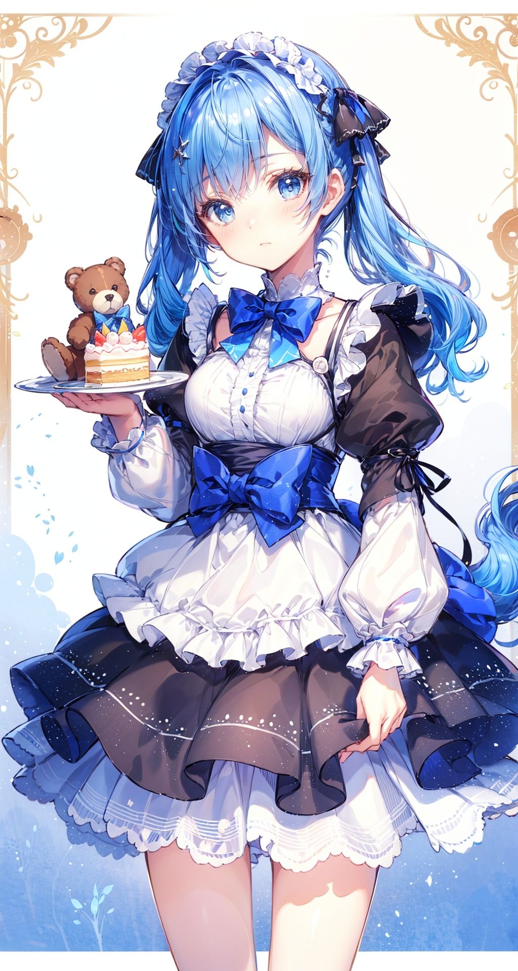 girl,blue hair,double horsetail,Lolita outfit,lace cake skirt,brown skirt with Little Bear Pattern,bowknot