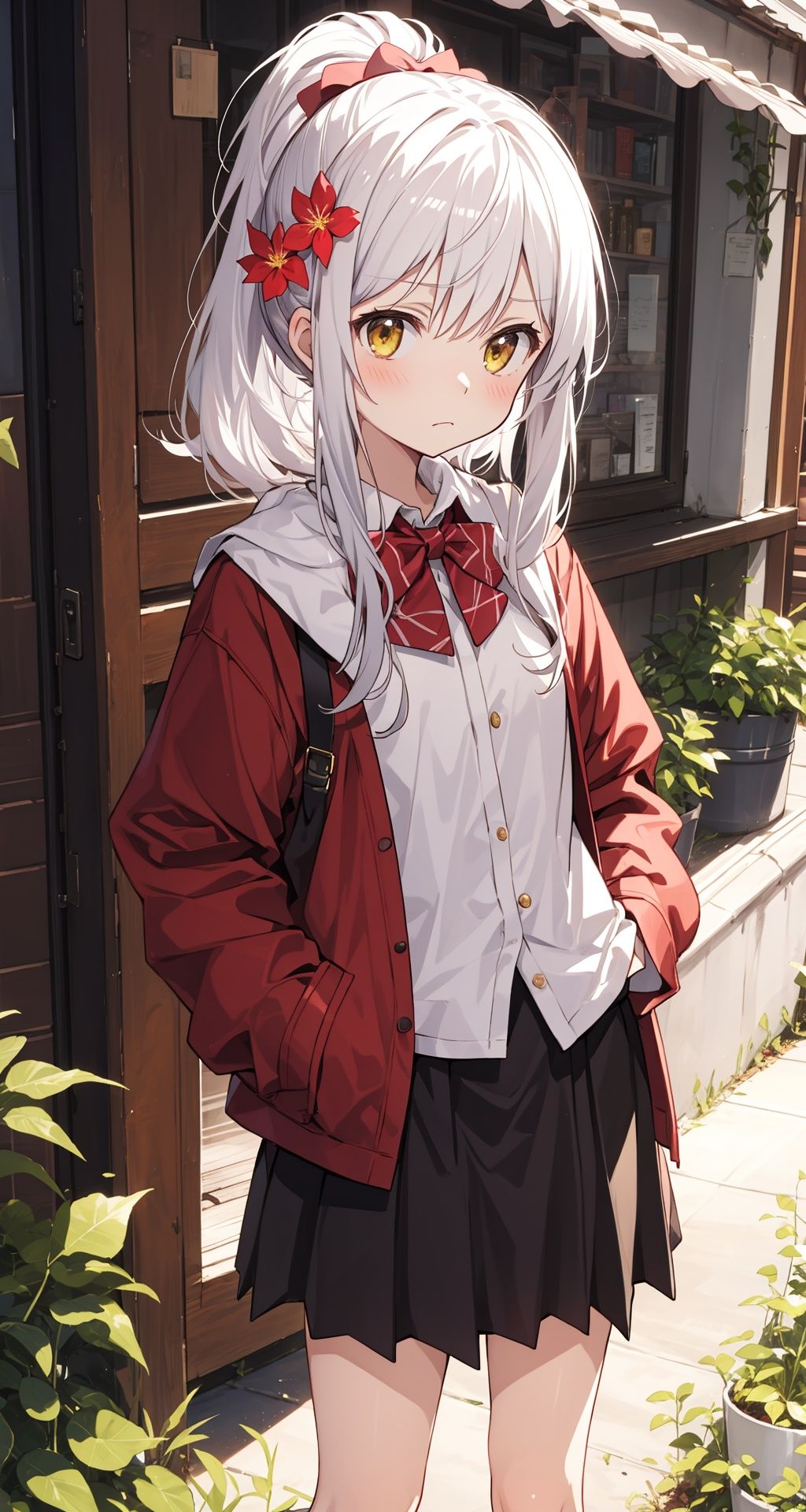 (best quality), ((masterpiece)), (highres),standing,original, extremely detailed wallpaper, (an extremely delicate and beautiful),(loli),(petite),(skindentation:1.2),white hair,Yellow eyes, (red Jacket),high ponytail,white collared shirt,hair flower,fipped hair,floating hair,Frown,hands in pockets,black dress,red bowtie,(solo),flat,cozy anime