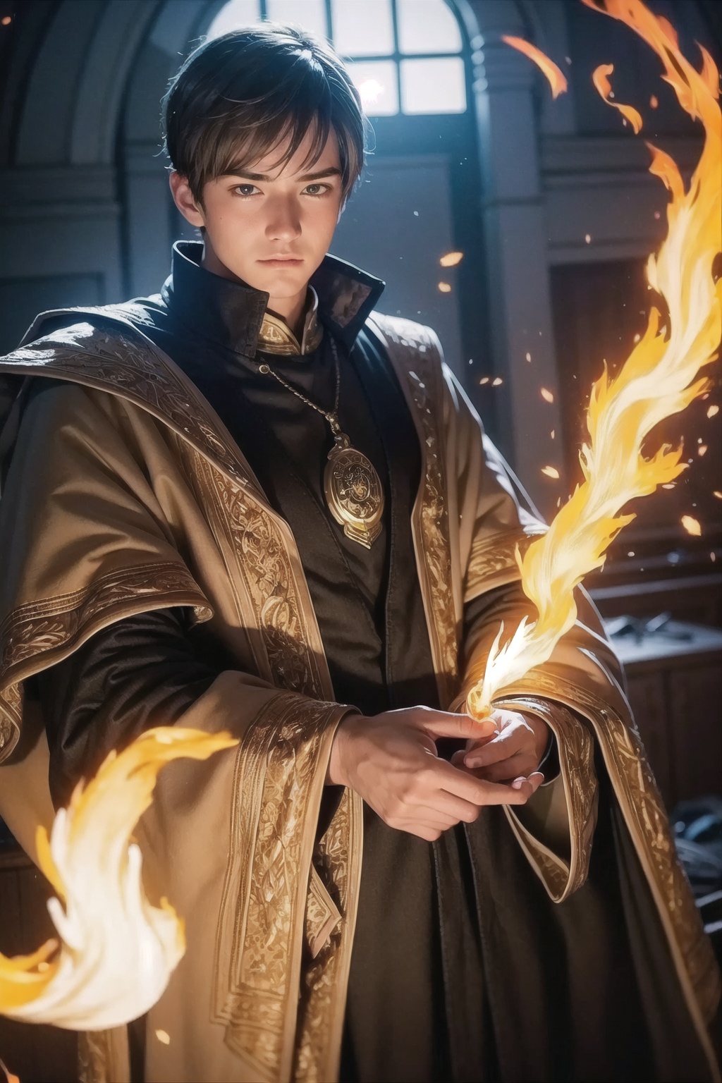 Realistic,  Handsome young wizard ,  fire spell on Tensor.Art