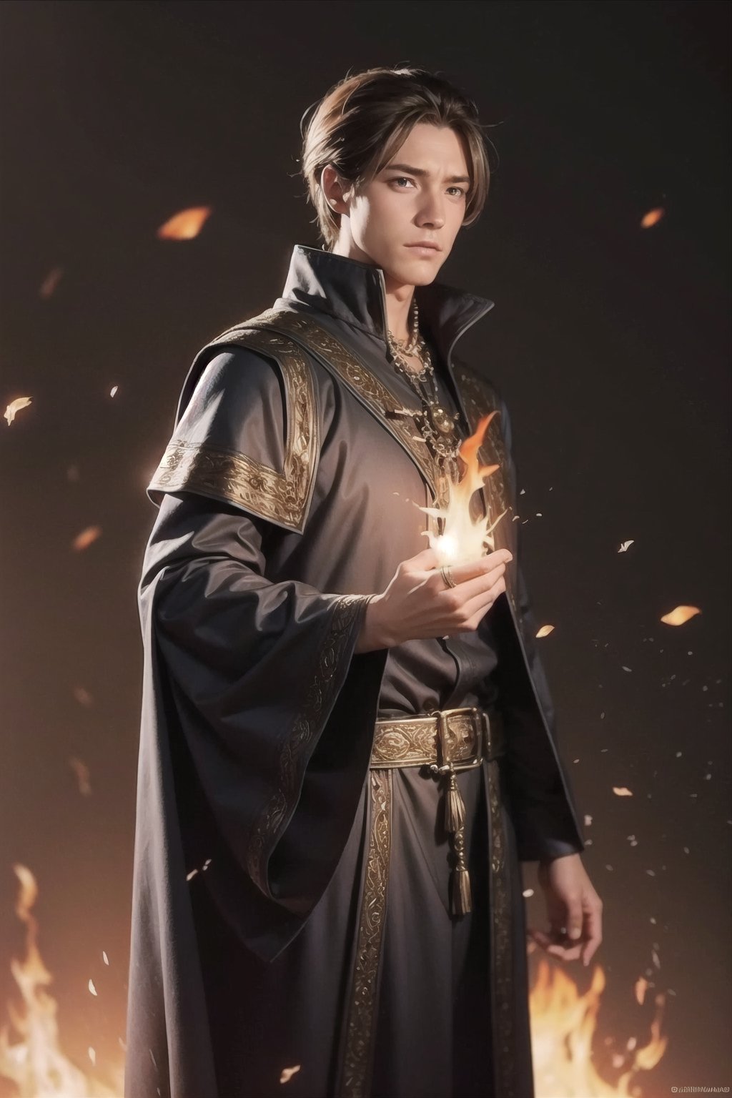 Realistic,  Handsome young wizard ,  fire spell on Tensor.Art
