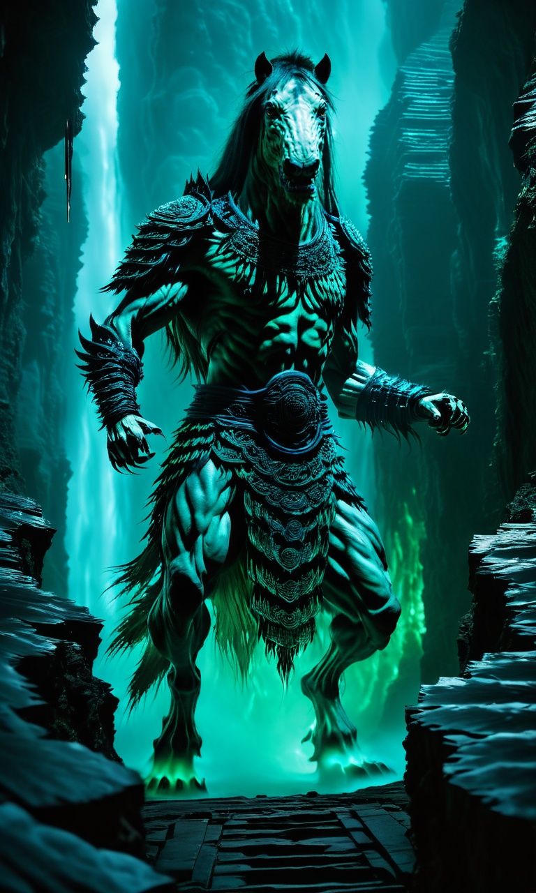 Photography,(Chinese folklore),((dynamic pose)),(mamian),monster,((wearing armor)),(two legs),eerie,horror,underworld,upper body,((giant mamian)) stands at the edge of a bottomless abyss in the depths of the underworld. The eerie blue-green glow of ghostly flames illuminates the scene,casting haunting shadows on the jagged rocks.,<lora:mamianghost:0.9>,