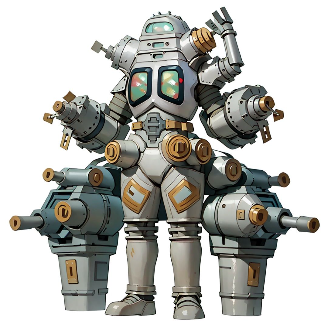 (masterpiece:1.3), (the best quality:1.2), (super fine illustrations:1.2), (Masterpiece), high quality, high detail,((white background:1.2)), looking at viewer, (SOLO:1.4),outline,,simple background, king joe, gatling gun, gun, cannon, helmet, armor, mecha, robot,king joe