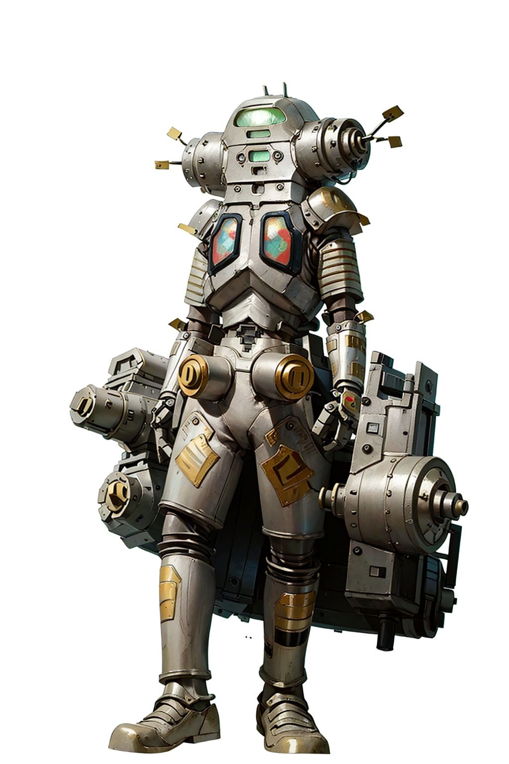 (masterpiece:1.3), (the best quality:1.2), (super fine illustrations:1.2), (Masterpiece), high quality, high detail,((white background:1.2)), looking at viewer, (SOLO:1.4),outline,,simple background, king joe, gatling gun, gun, cannon, helmet, armor, mecha, robot,king joe