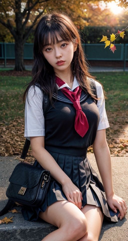 masterpiece,best quality,Ultra-realistic 8k CG, masterpiece, best quality, (photorealistic:1.4), HDR, absurdres, Professional, RAW photo, lens flare, (film grain:1.1), Bokeh, ((Depth of field)), studio light, a woman laying on the ground with a purse, 1girl, autumn, autumn_leaves, bag, black_hair, black_serafuku, black_skirt, lips, neckerchief, outdoors, pleated_skirt, red_neckerchief, sailor_collar, school_bag, school_uniform, serafuku, shoulder_bag, skirt, sleeping, solo, sunset. Highly detailed,Professional,extreme detail description;,<lora:more_details:0.8>,<lora:EnvyBetterHands LoCon_beta2:1>,