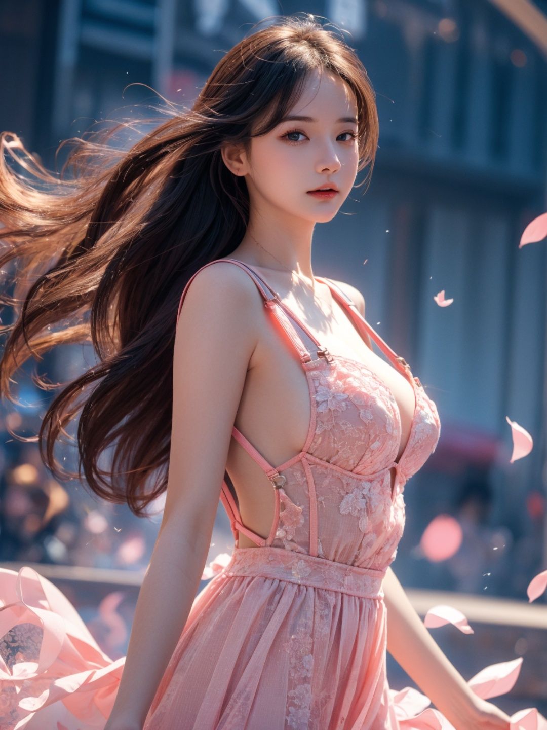  1girl,(huge suspenders),(raw photo, best quality),(realistic, photo-realistic:1.3),extremely delicate and beautiful,Amazing,finely detail,masterpiece,ultra-detailed,highres,(best shadow),8k UHD,1girl,dress,floating hair,jewelry,long hair,solo,wind,pink theme,full_body, cute girl