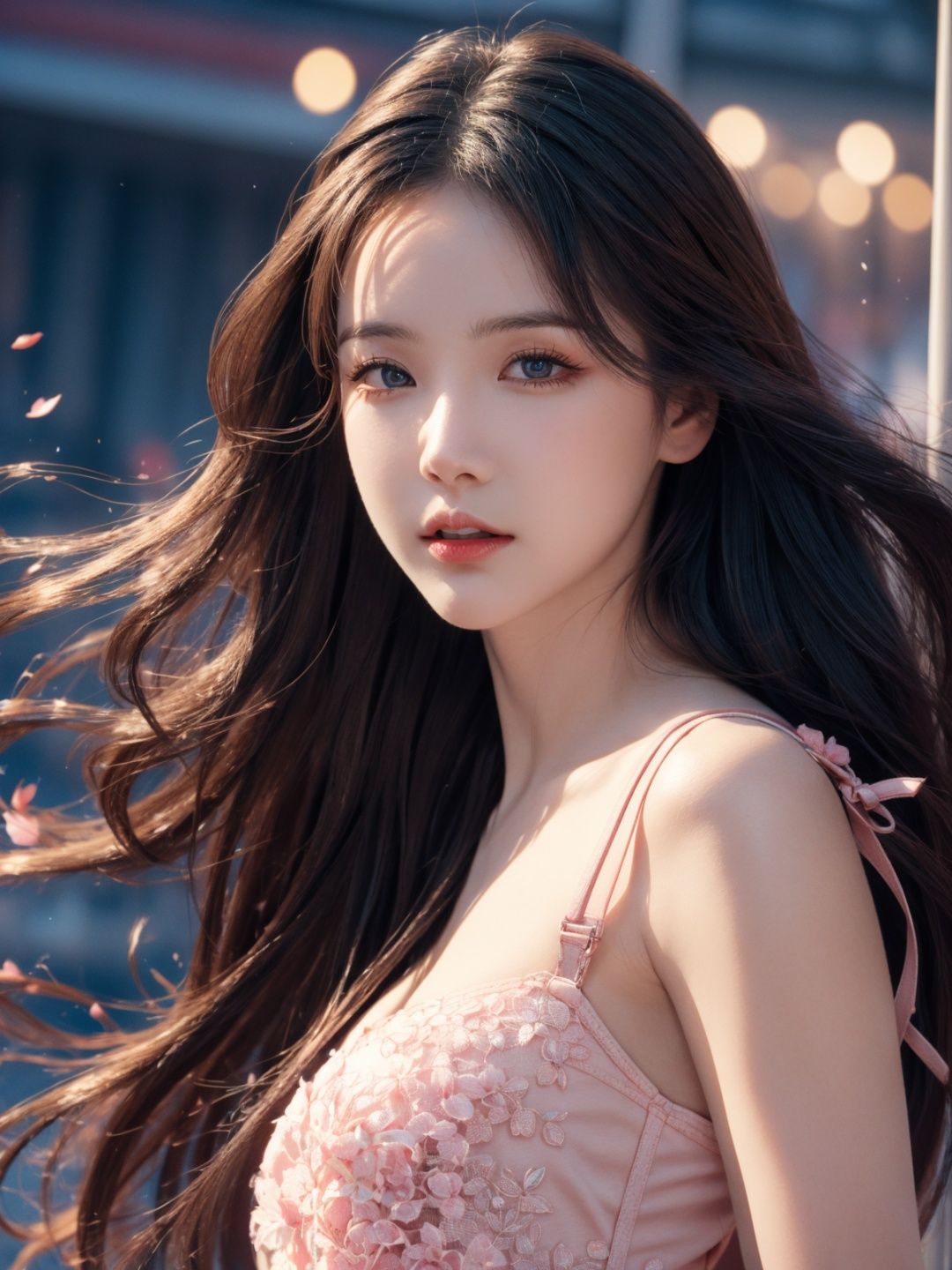  1girl,(huge suspenders),(raw photo, best quality),(realistic, photo-realistic:1.3),extremely delicate and beautiful,Amazing,finely detail,masterpiece,ultra-detailed,highres,(best shadow),8k UHD,1girl,dress,floating hair,jewelry,long hair,solo,wind,pink theme,full_body, cute girl