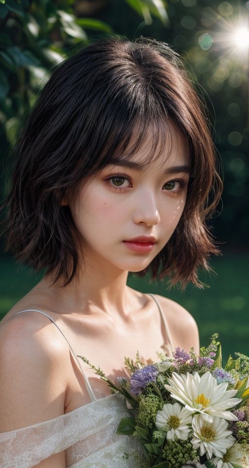 masterpiece,best quality,Ultra-realistic 8k CG,masterpiece,best quality,(photorealistic:1.4),HDR,absurdres,Professional,RAW photo,lens flare,(film grain:1.1),Bokeh,((Depth of field)),studio light, a woman with a bouquet of flowers  and a green background behind her head, in a park, 1girl, black_hair, blurry, bouquet, depth_of_field, flower, grass, green_background, lips, short_hair, solo, Highly detailed,Professional,extreme detail description;, <lora:more_details:1>