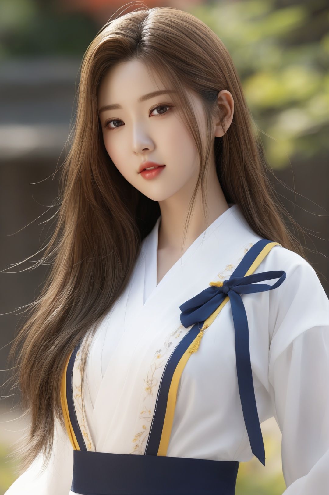 masterpiece,best quality,1girl,solo,8k,long_hair,clear skin texture,korean idol,realistic,real,(huge bust:0.8),lovely,(full_body:1.5),delicate hair,unparalleled detail,weak light,summer_uniform,