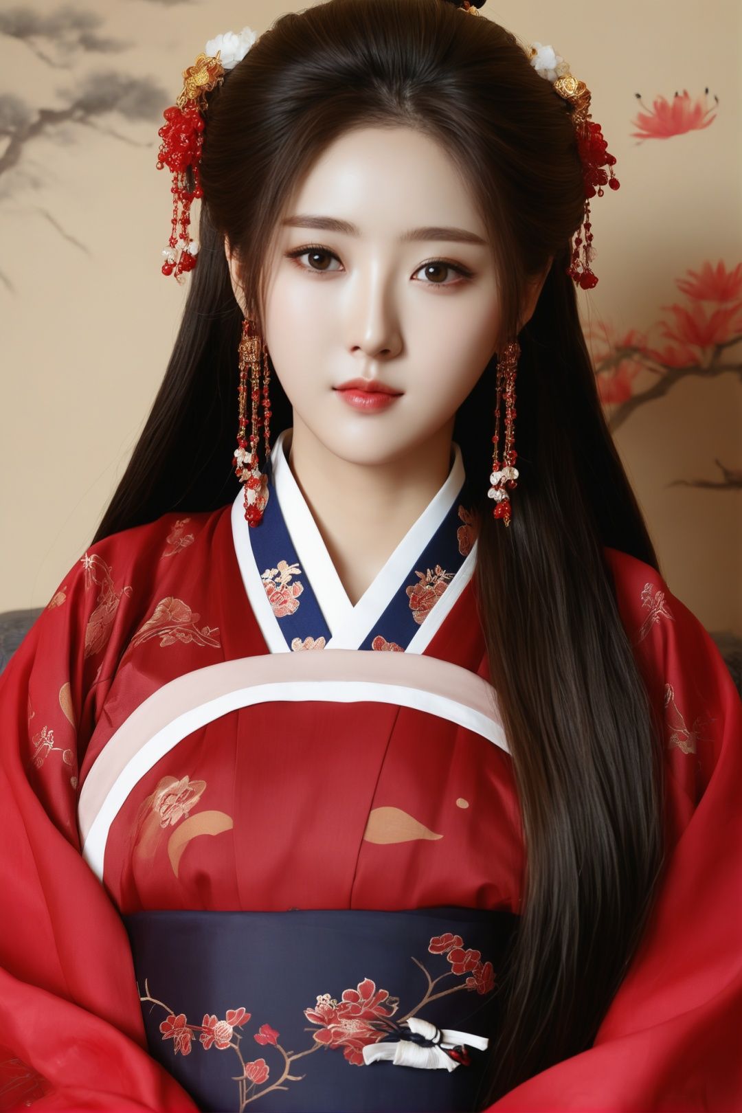 masterpiece,best quality,1girl,solo,8k,long_hair,clear skin texture,korean idol,realistic,real,huge bust,lovely,full_body,hanfu,