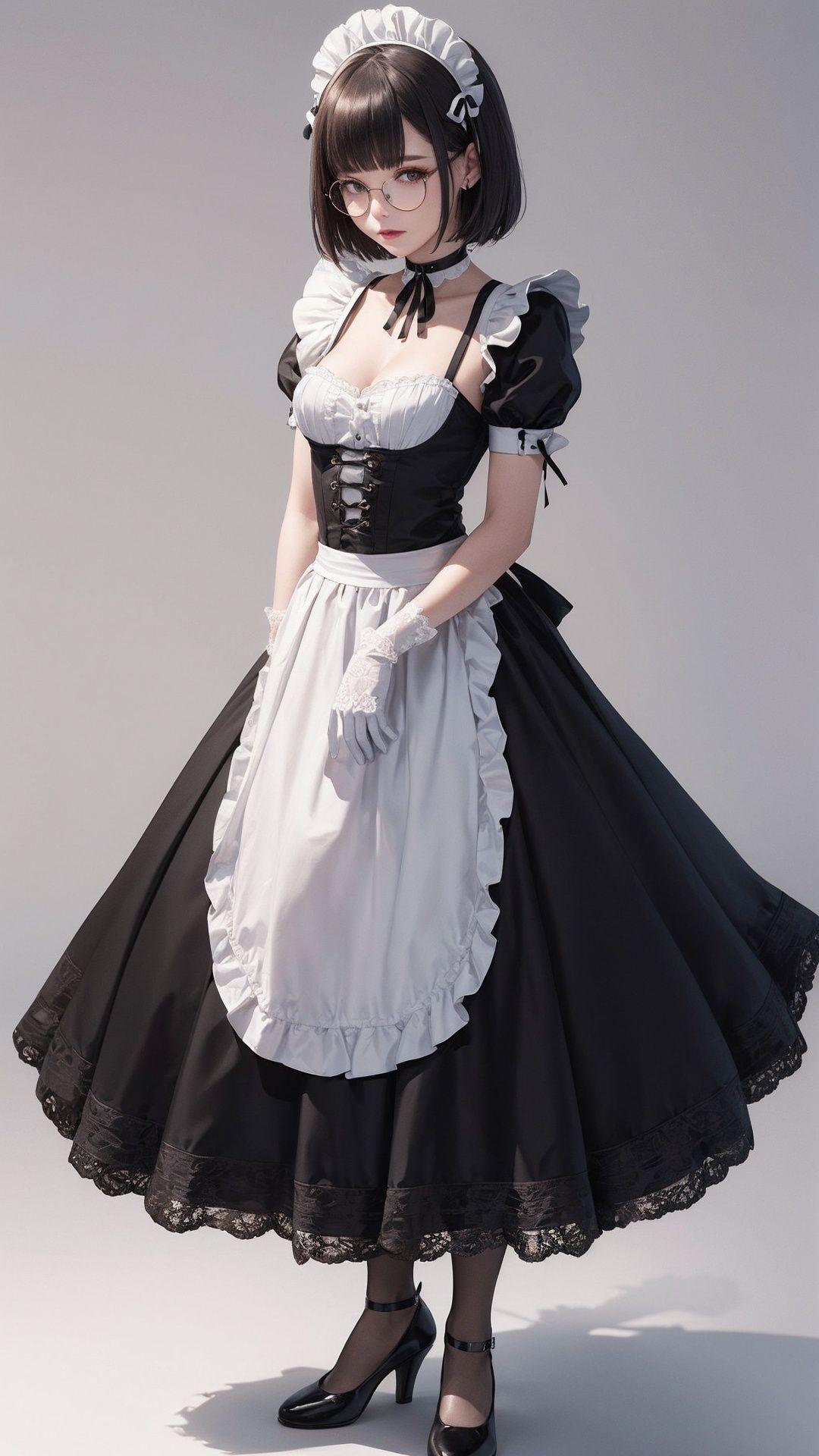 ((one girl, maid, (solo))),(((full body))), (small breasts), looking at viewer,
BREAK
standing,(maid headdress),cute hair, colored inner hair,
BRAEK
(glasses), detailed facial expressions ,finely detailed beautiful eyes and detailed face, perfect body,  tastefully designed  thighhighs,
BREAK
(lace-trimmed elbow gloves),((ribbon choker , (maid,enmaided),  (very long black maid dress, (long skirt for a maid up to ankles)))), ((mary janes)),
BREAK
(ray tracing, ), (colorful), best shadow, cinematic lighting, 8k, 4k, high resolution,
BREAK
masterpiece, best quality,