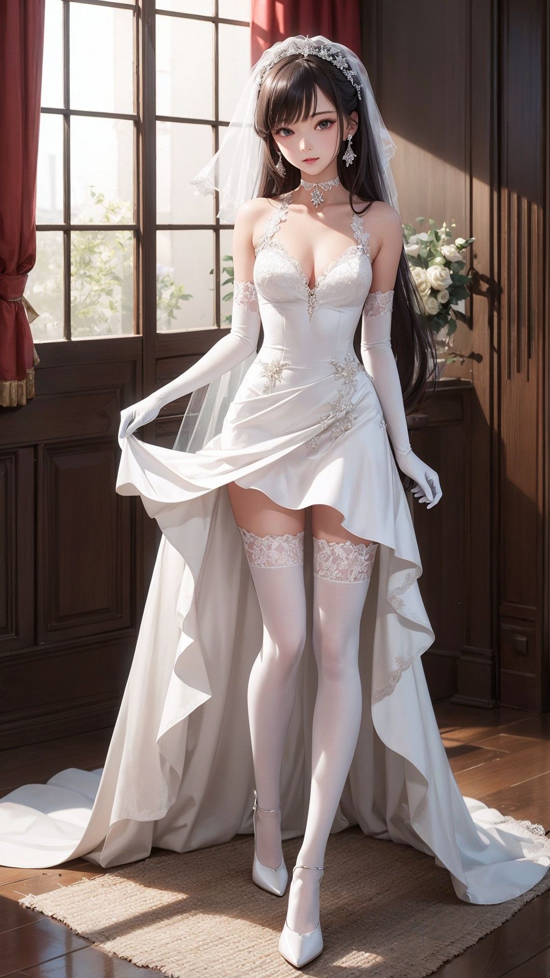 ((one girl, (solo)), cute), (((full body))), (((small breasts))), looking at viewer
BREAK
(hair ornament, very long hair, colored inner hair),
BREAK
detailed facial expressions ,finely detailed beautiful eyes and detailed face, perfect body,  (white) lace thighhighs,
BREAK
(white lace-trimmed elbow gloves),((ribbon choker , bride dress, wedding dress)), ((high heels)),
BREAK
(ray tracing, ), (colorful), best shadow, cinematic lighting, 8k, 4k, high resolution,
BREAK
masterpiece, best quality,