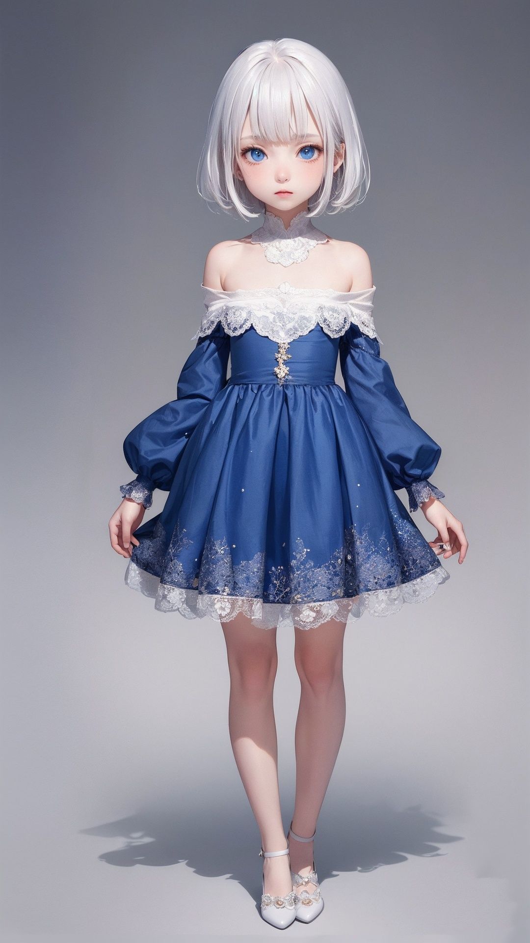 (little loli:1.2), (Girlish body type), (masterpiece), (best quality), Exquisite visuals, high-definition, (ultra detailed), finely detail, ((solo)), (medium hair), (white Silver hair), (gradient Blue), (beautiful detailed eyes), Kawai, loveliness, off shoulder, looking at viewer, bare shoulders, standing, ((full body)),pale skin