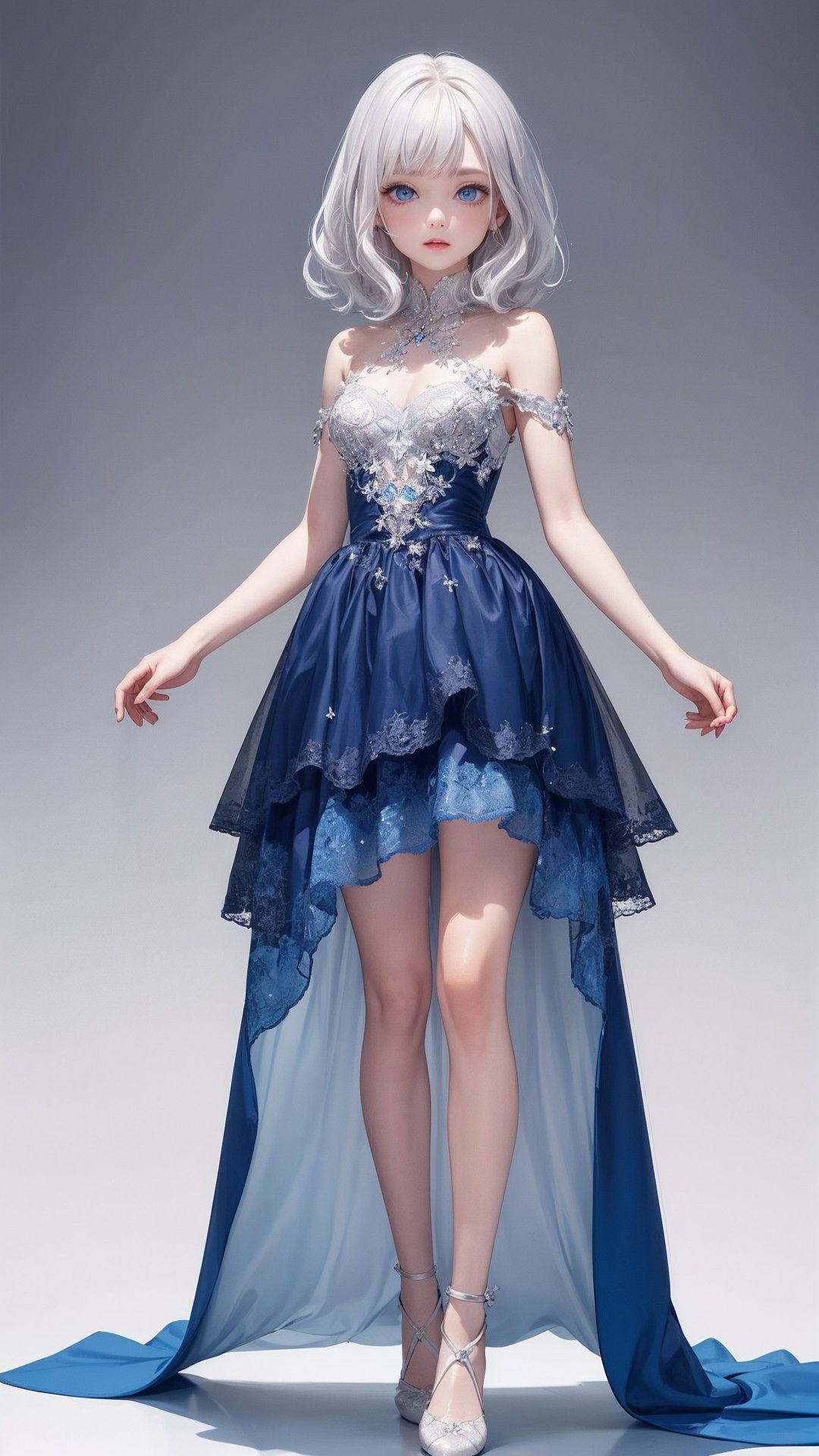 one little girl, (Girlish body type), (masterpiece), (best quality), Exquisite visuals, high-definition, (ultra detailed), finely detail, ((solo)), (medium hair), (white Silver hair), (gradient Blue), (beautiful detailed eyes), Kawai, loveliness, looking at viewer, bare shoulders, standing, ((full body)),pale skin