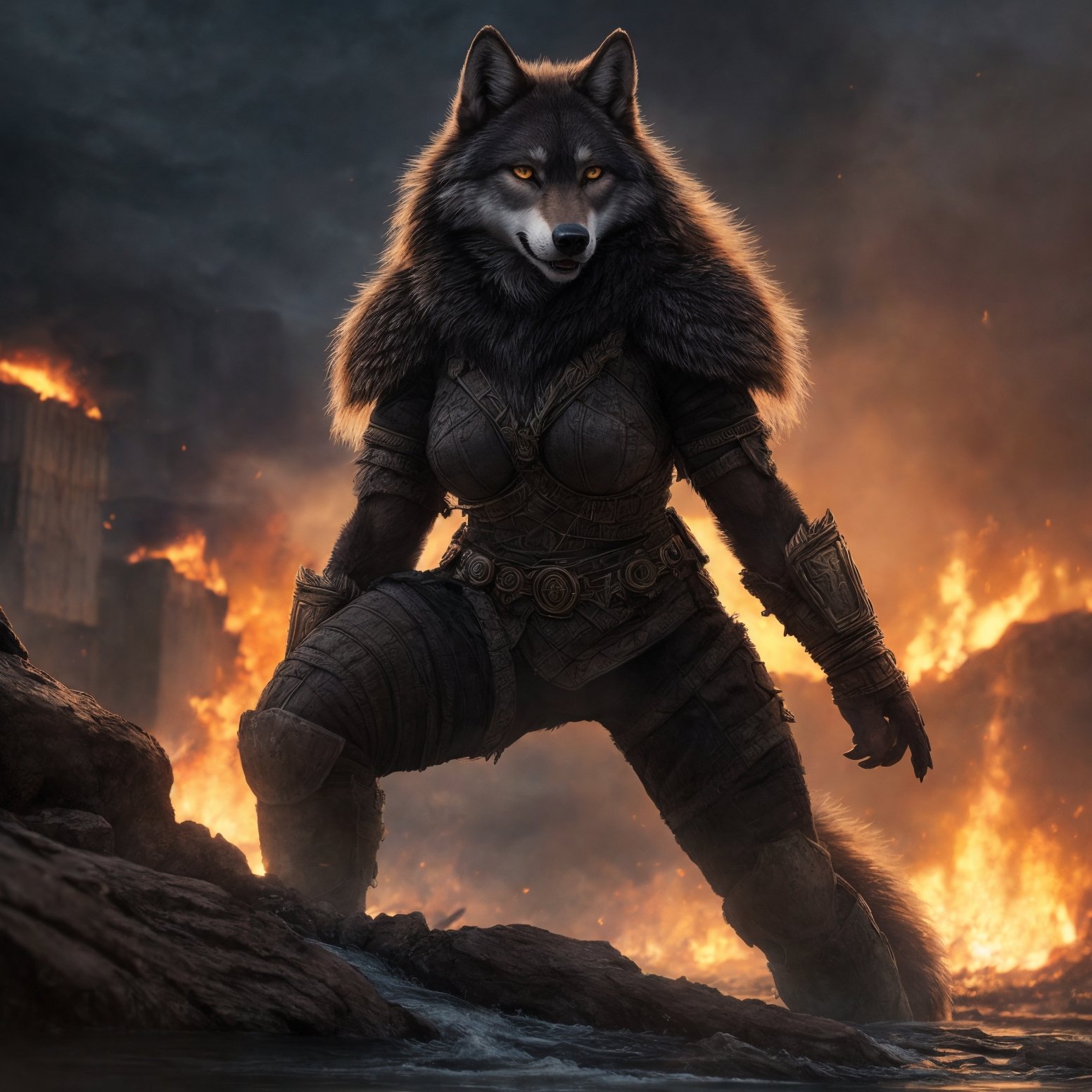 ((detailed anthro female wolf )),  medium breast ,  wearing runes armor on Tensor.Art