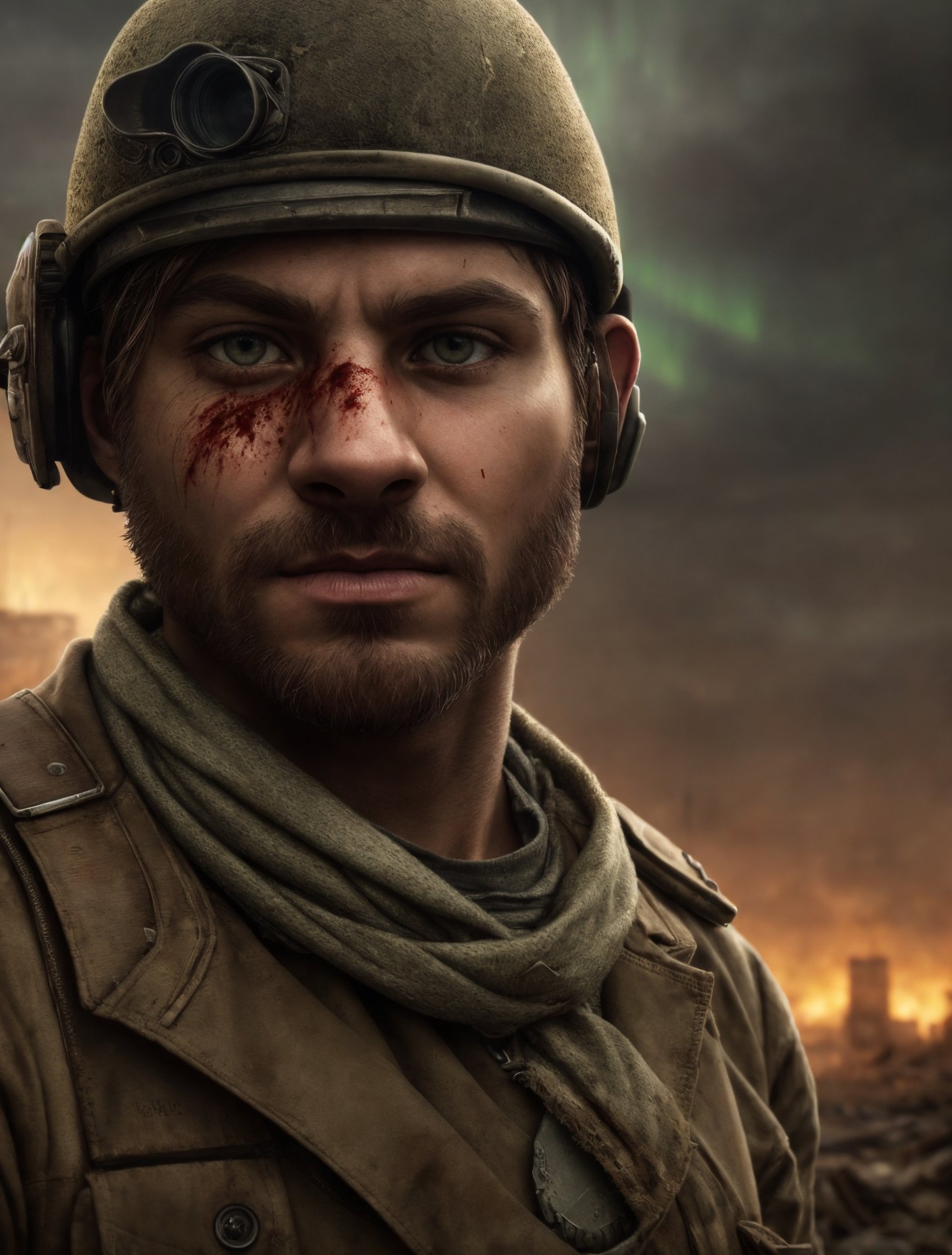 (post apocalyptic man) ,  wearing post apocalyptic clothes ,  (destroyed city after nuclear blast) on Tensor.Art