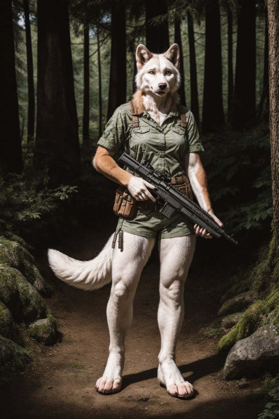 RAW photo,  a portrait photo of anthro white wolf woman,  traveler clothes on Tensor.Art