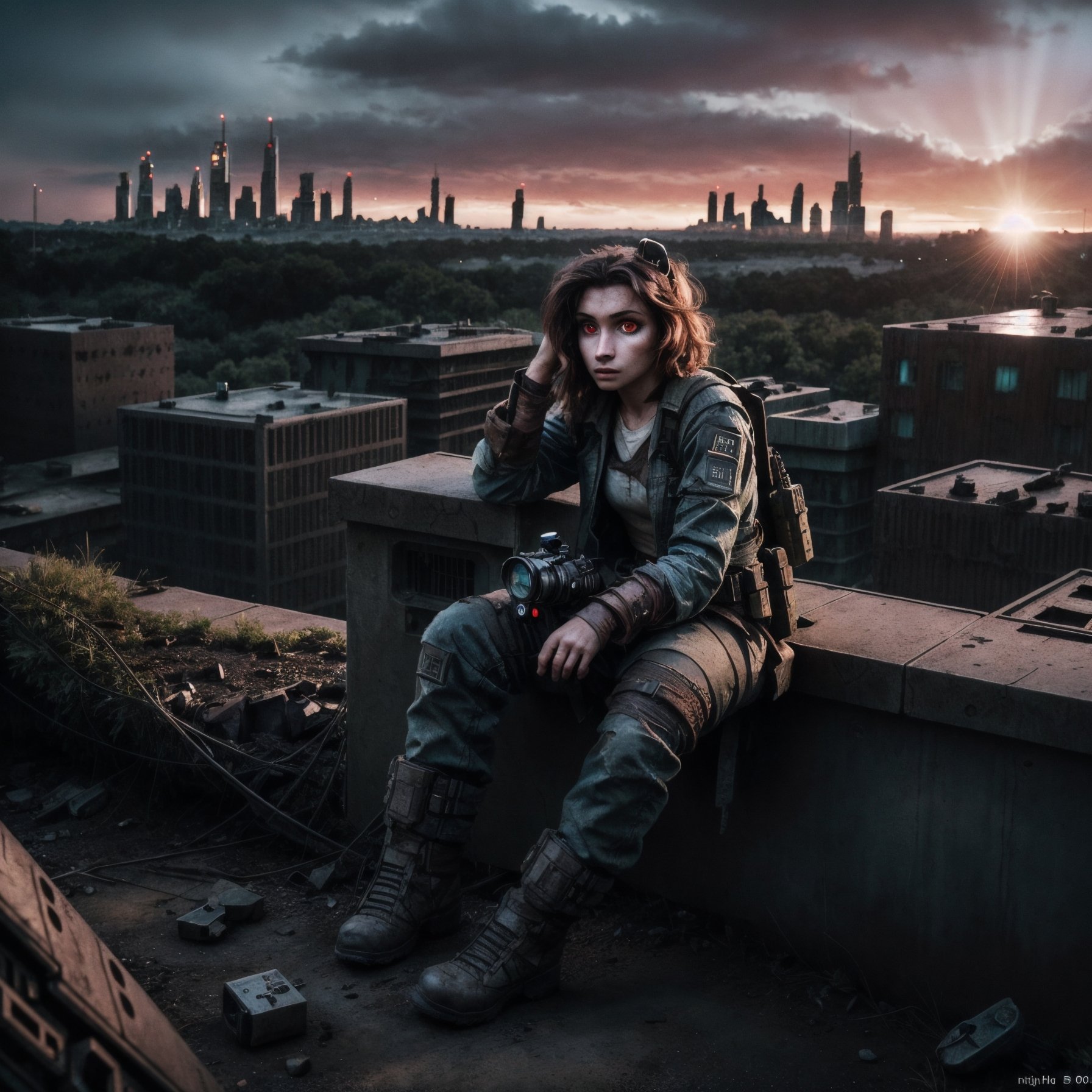 An 18 year old woman postapocalyptic outfit,  siting on a ((((enigma ))) device ,  (epic post apocalyptic destroyes city o...