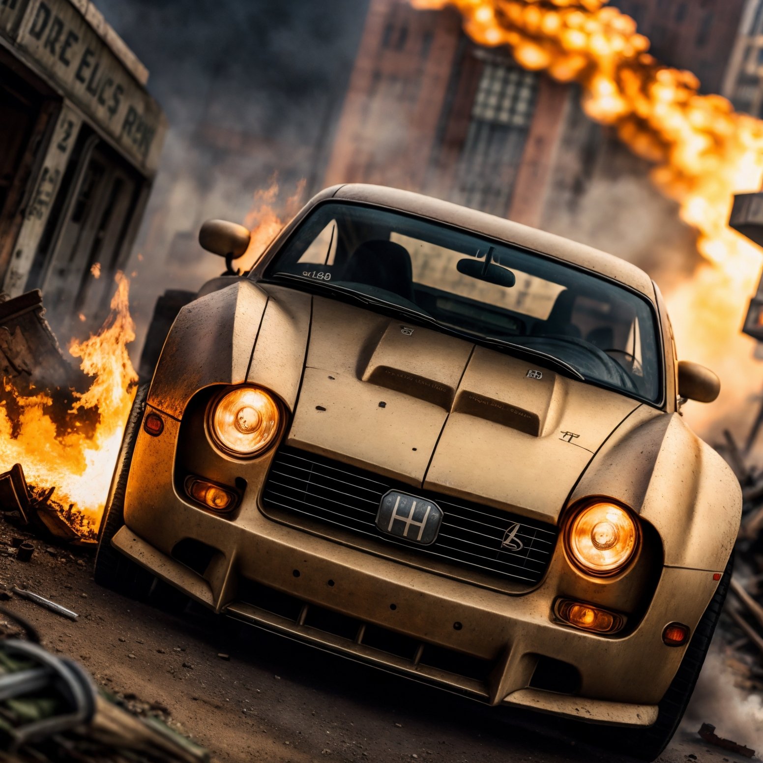 ((detailed dieselpunk sports cars)),  destroyed city after nuclear blast,  post apocalyptic on Tensor.Art