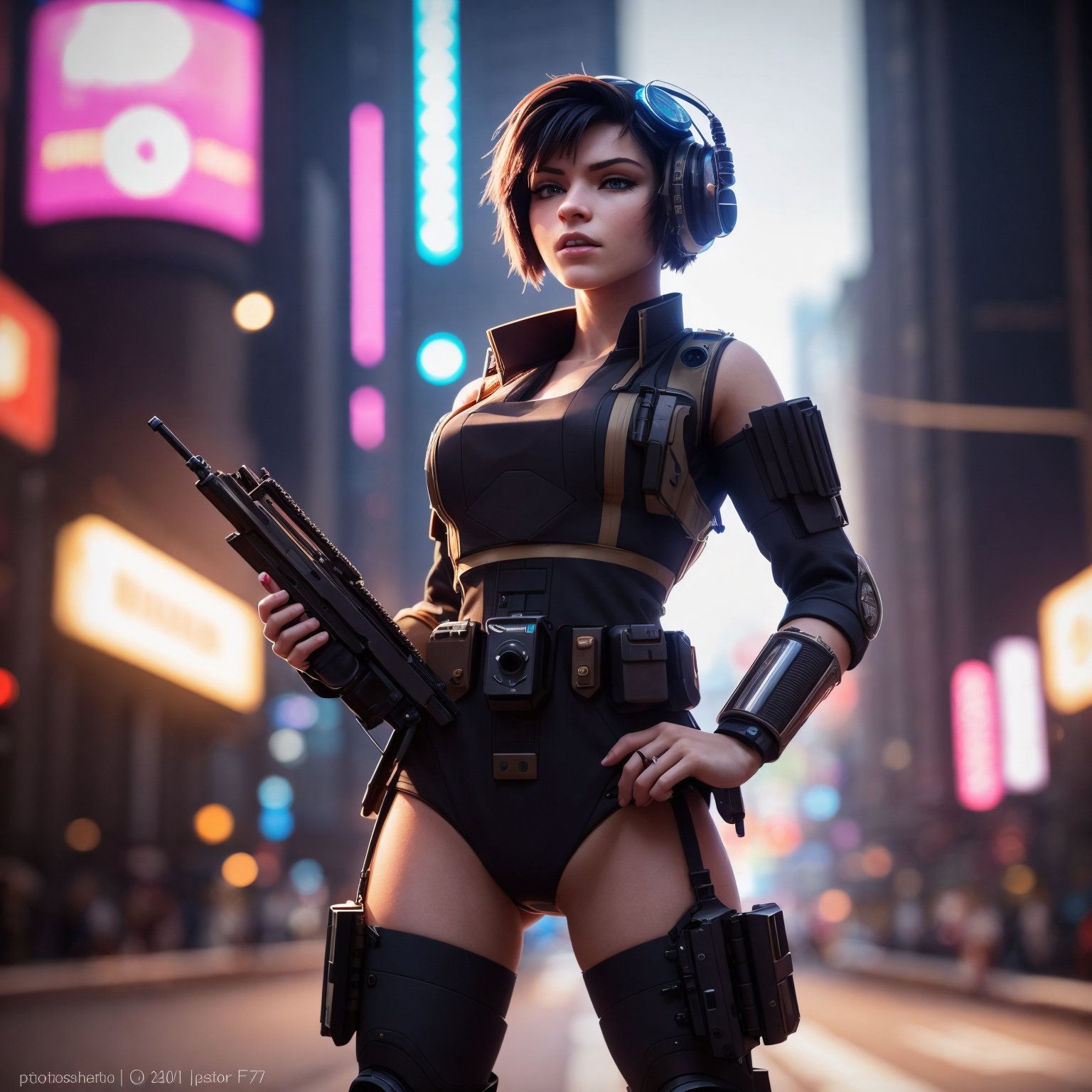 cyberpunk soldier ((dieselpunk)) woman (neo tokyo cyberpunk). holding a gun,  in a dynamic epic gunfight,  post apocalypti...