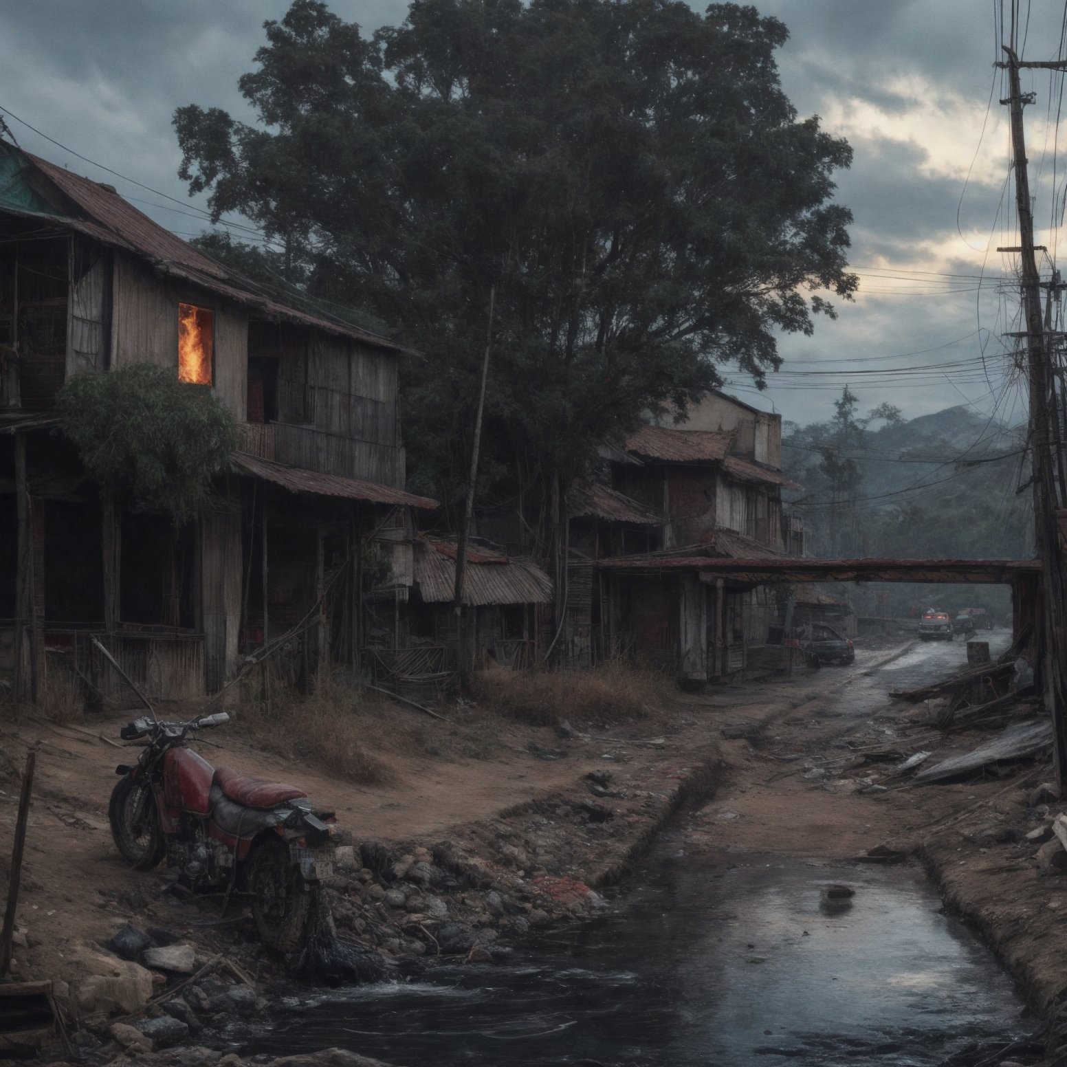 ((Red Lotus )),  vietnam Road flodded with ),  post apocalyptic on Tensor.Art