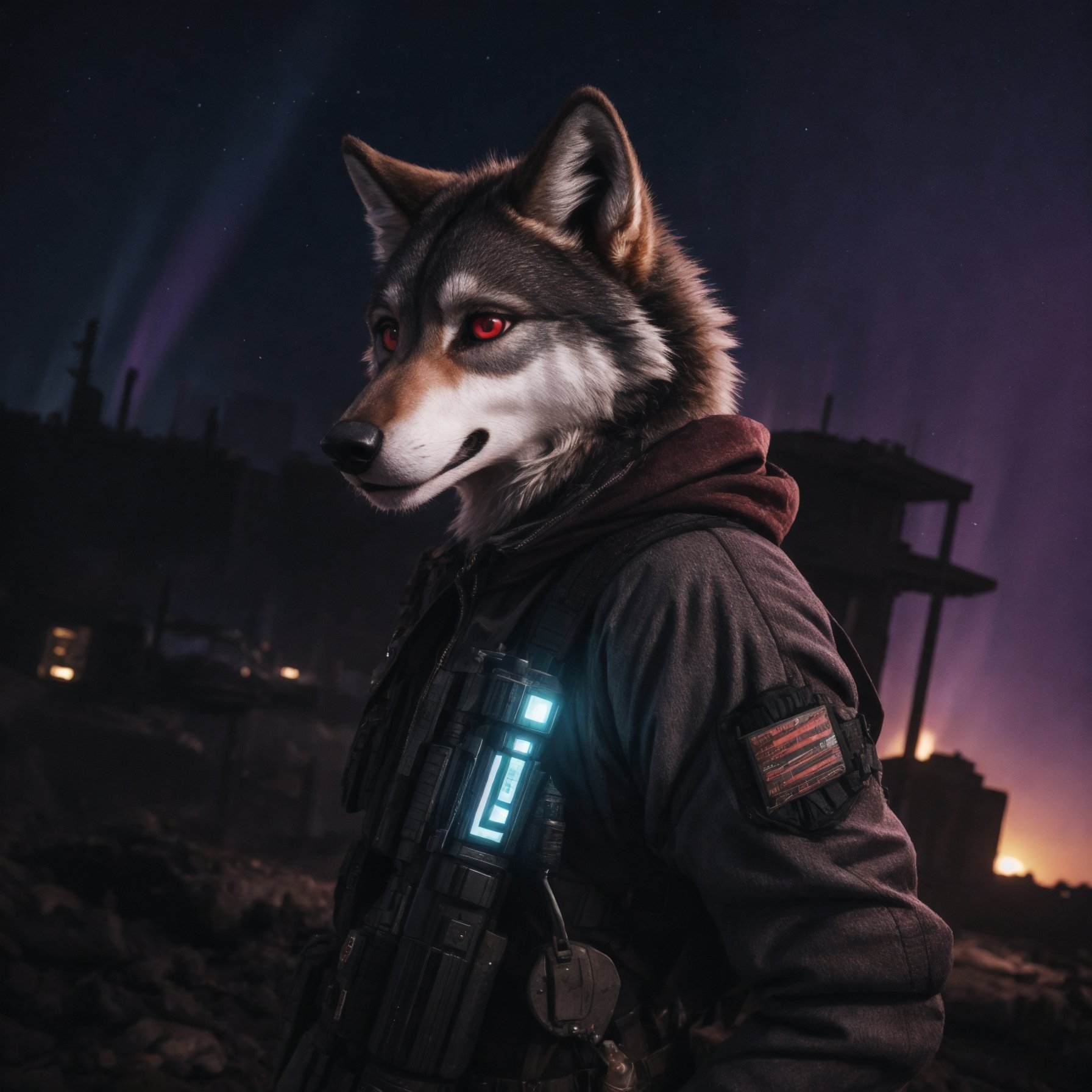 ((anthro female wolf)),  wearing (glowing postapocalyptic outfit),  holding a mystical gun on Tensor.Art