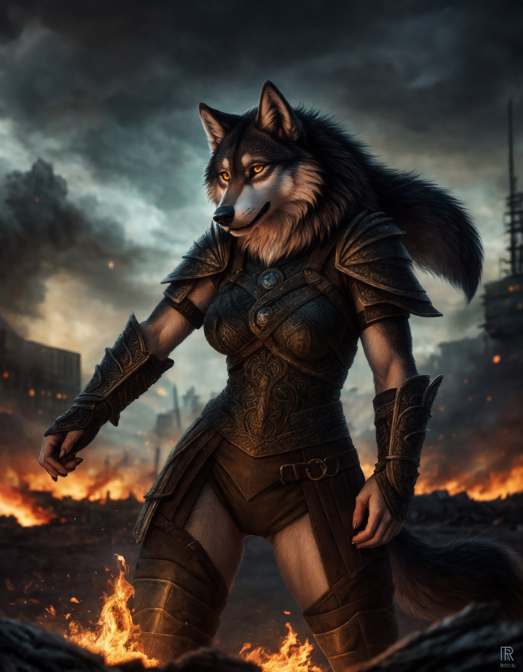 ((detailed anthro female wolf )),  medium breast ,  wearing runes armor on Tensor.Art